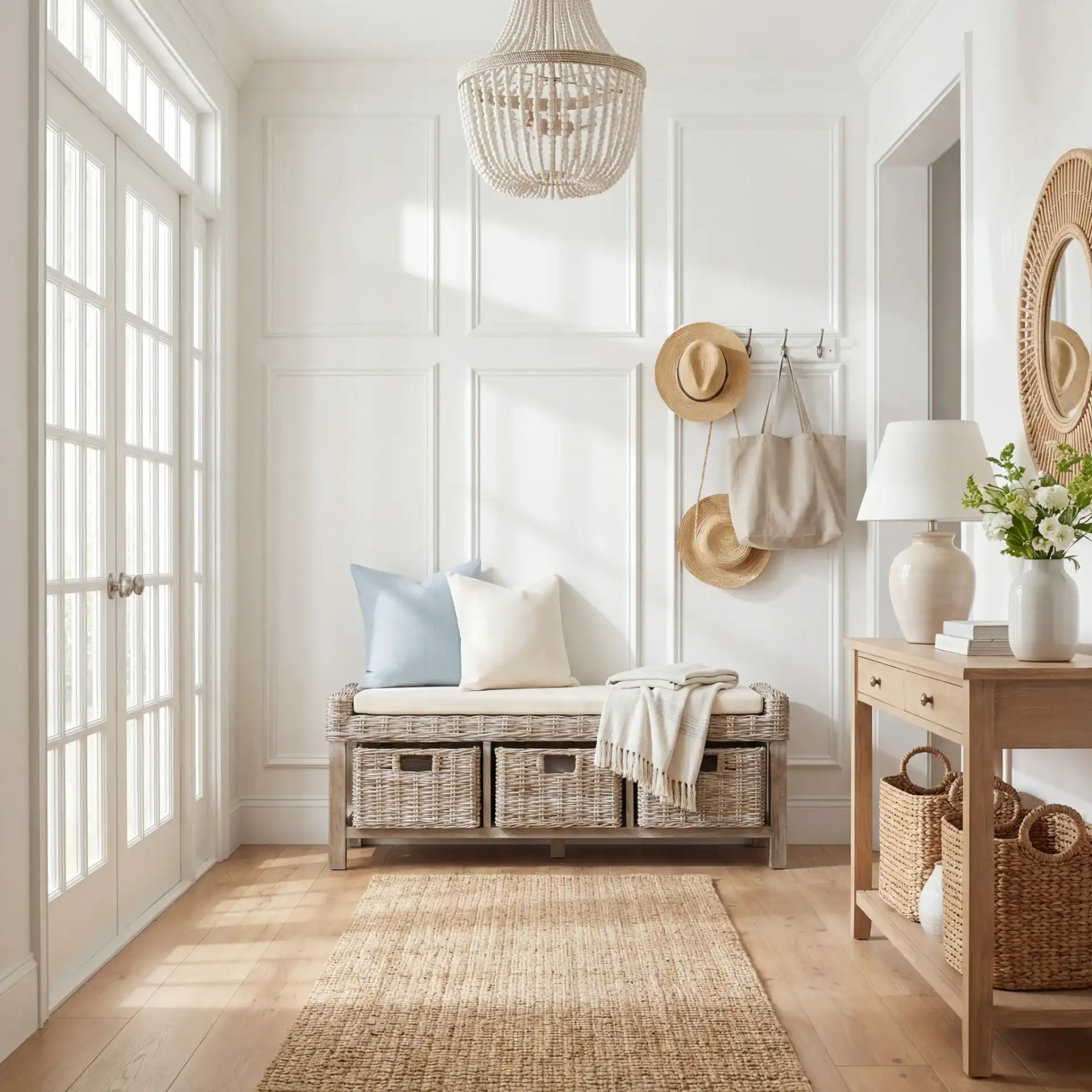 Kobutsu Storage Bench in White Washed in a styled room