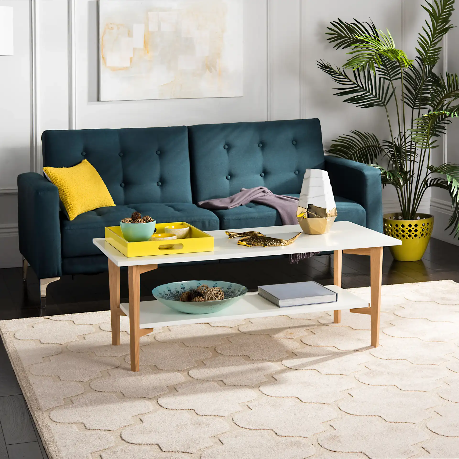 Caraway Rectangle Coffee Table in White / Oak in a styled room