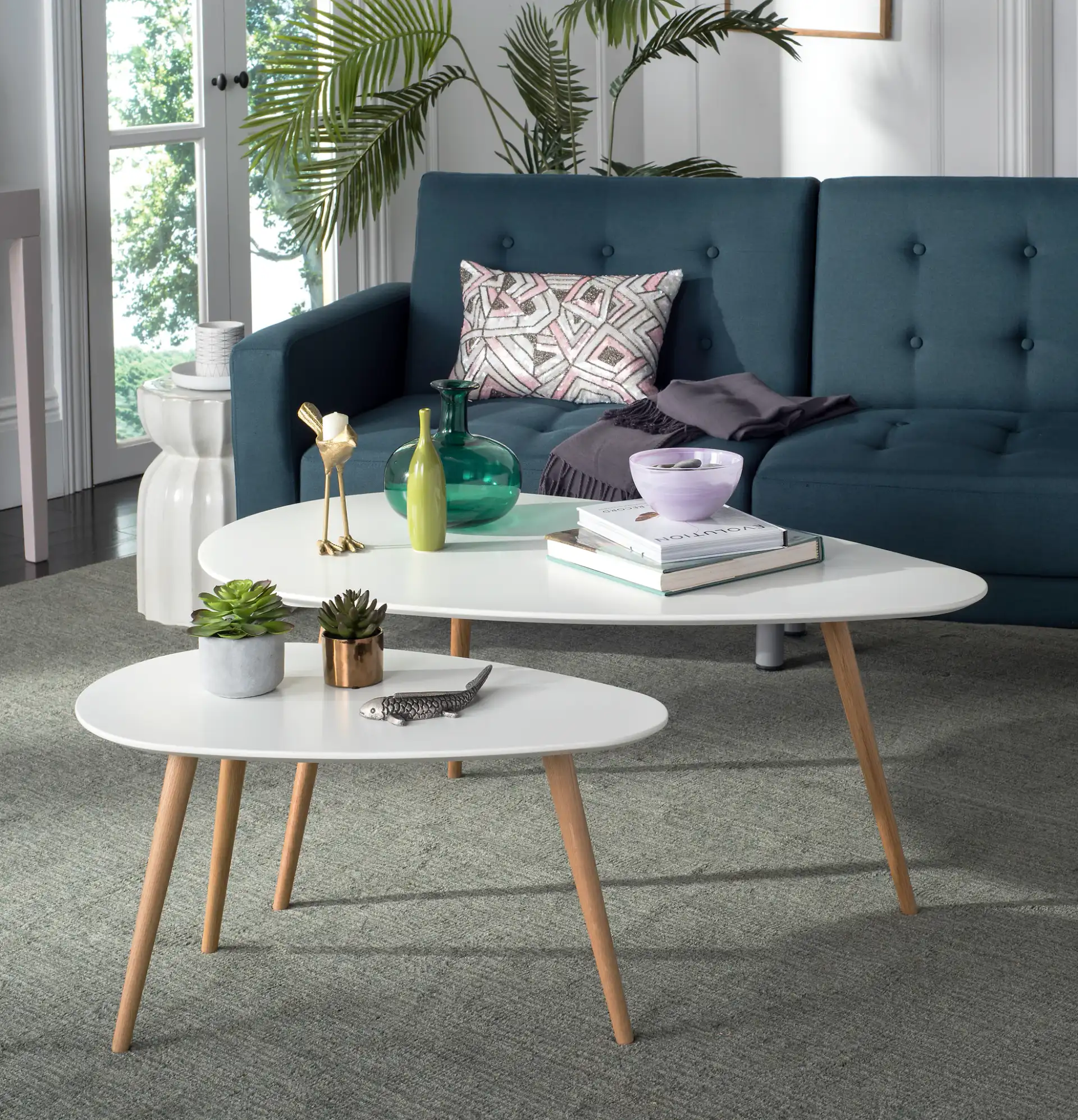 Saffron Split Coffee Table in White / Oak in a styled room