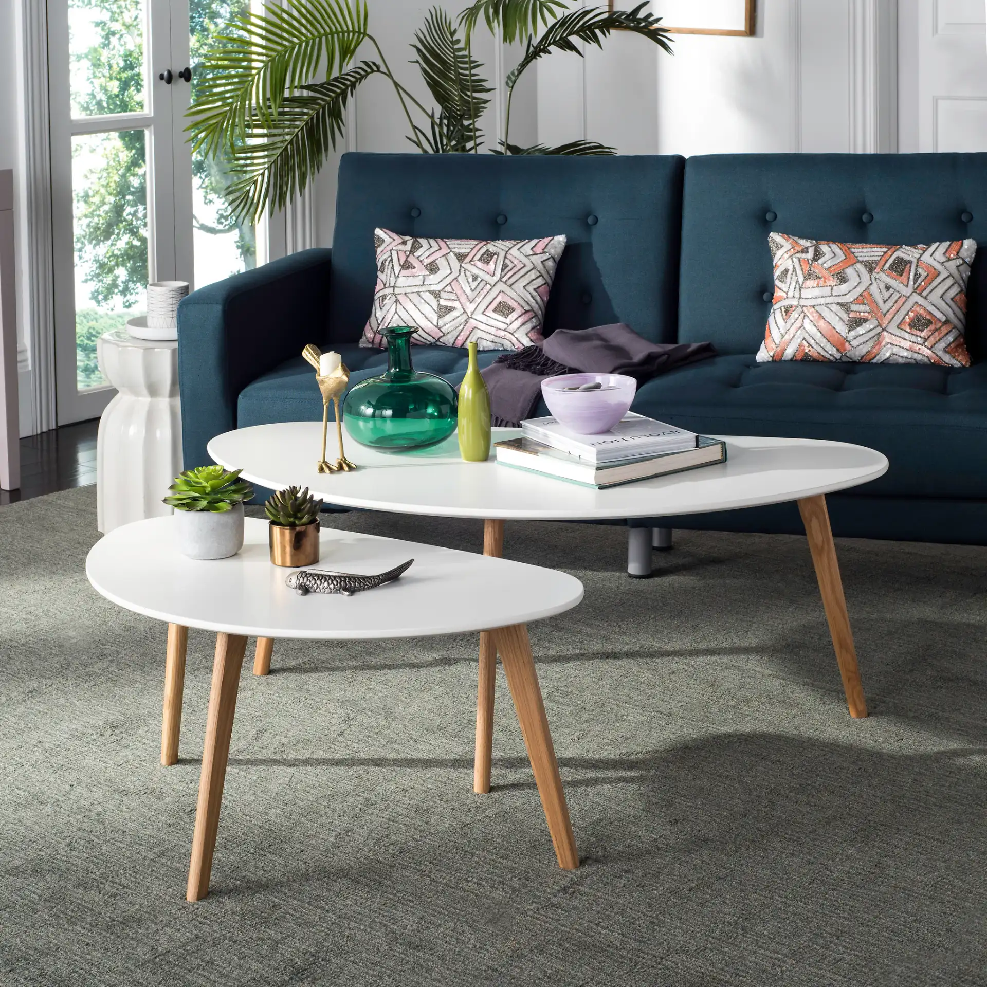 Olida Double Coffee Table in White / Oak in a styled room