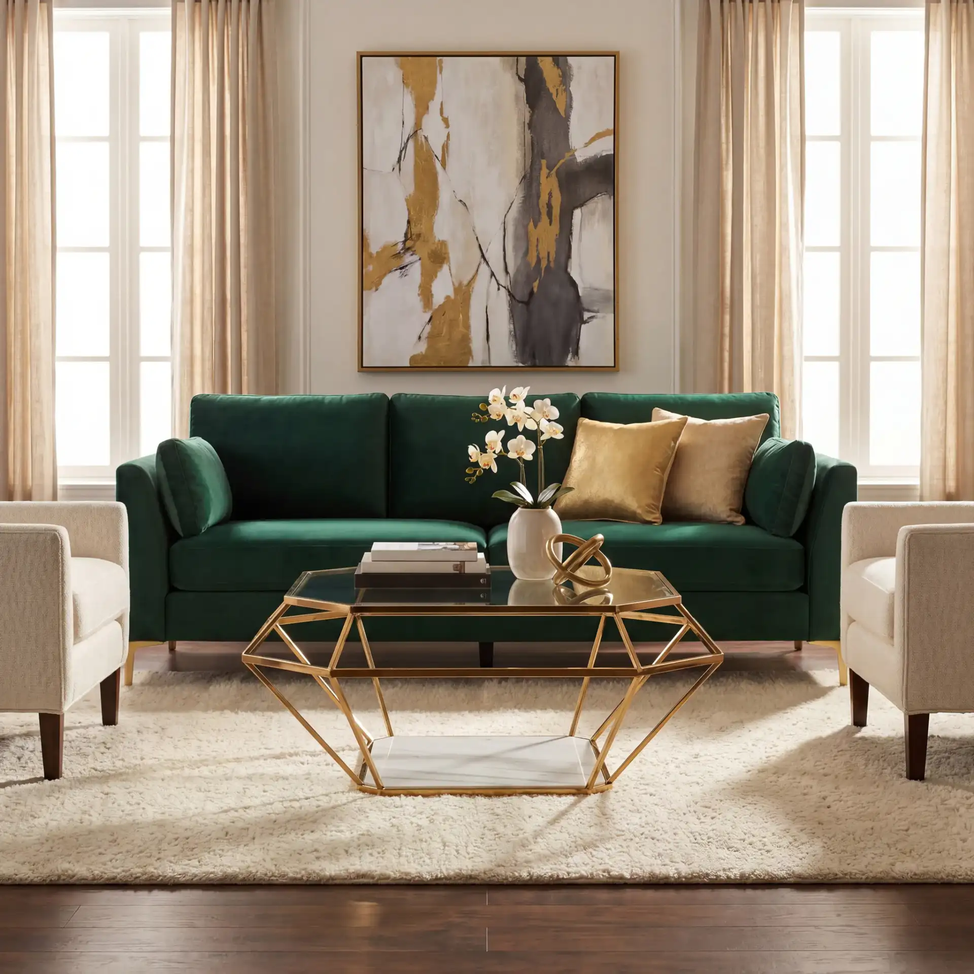 Abena Geometric Coffee Table in Gold in a styled room