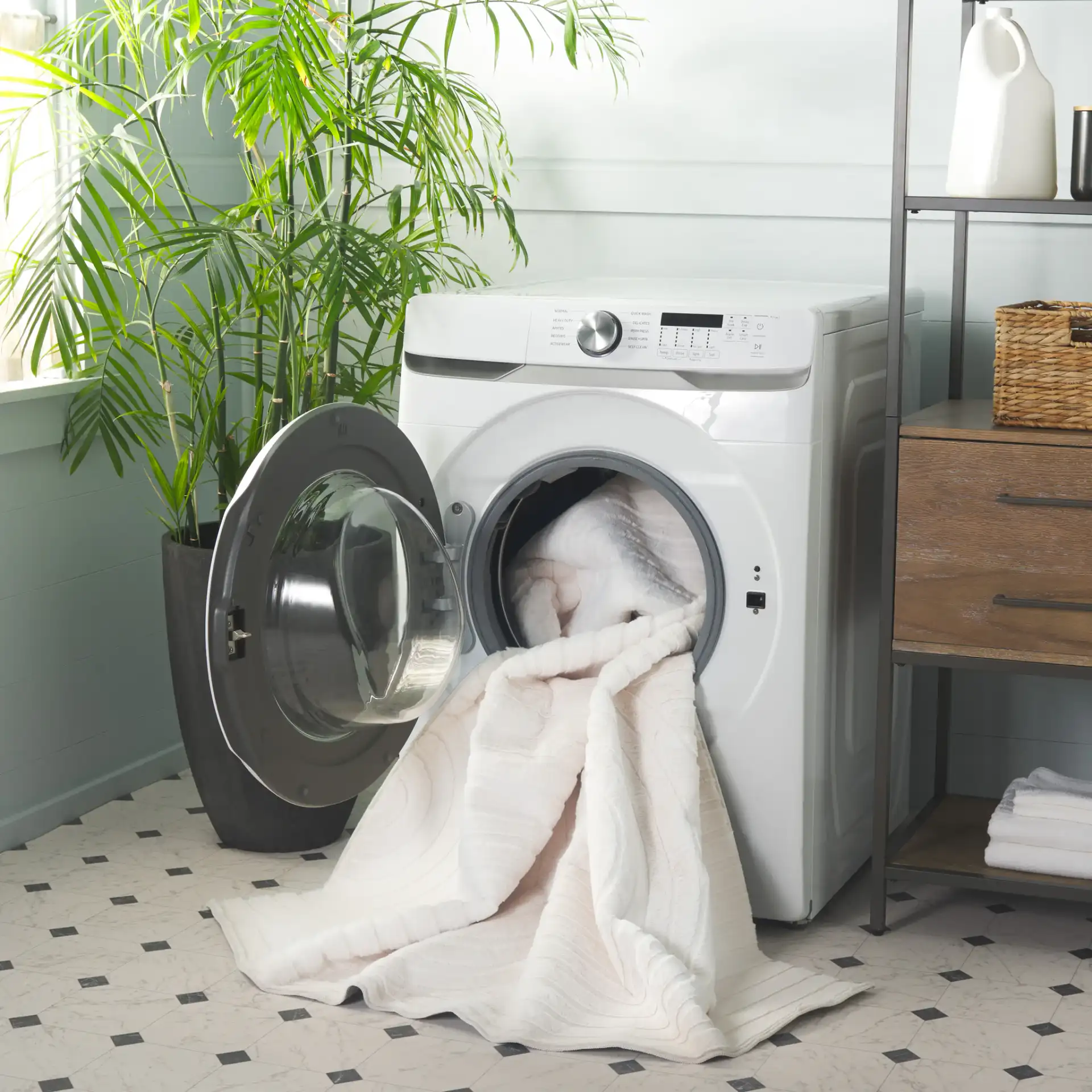 Faux Rabbit Fur Concentric Arches Washable Rug in Ivory in a styled room