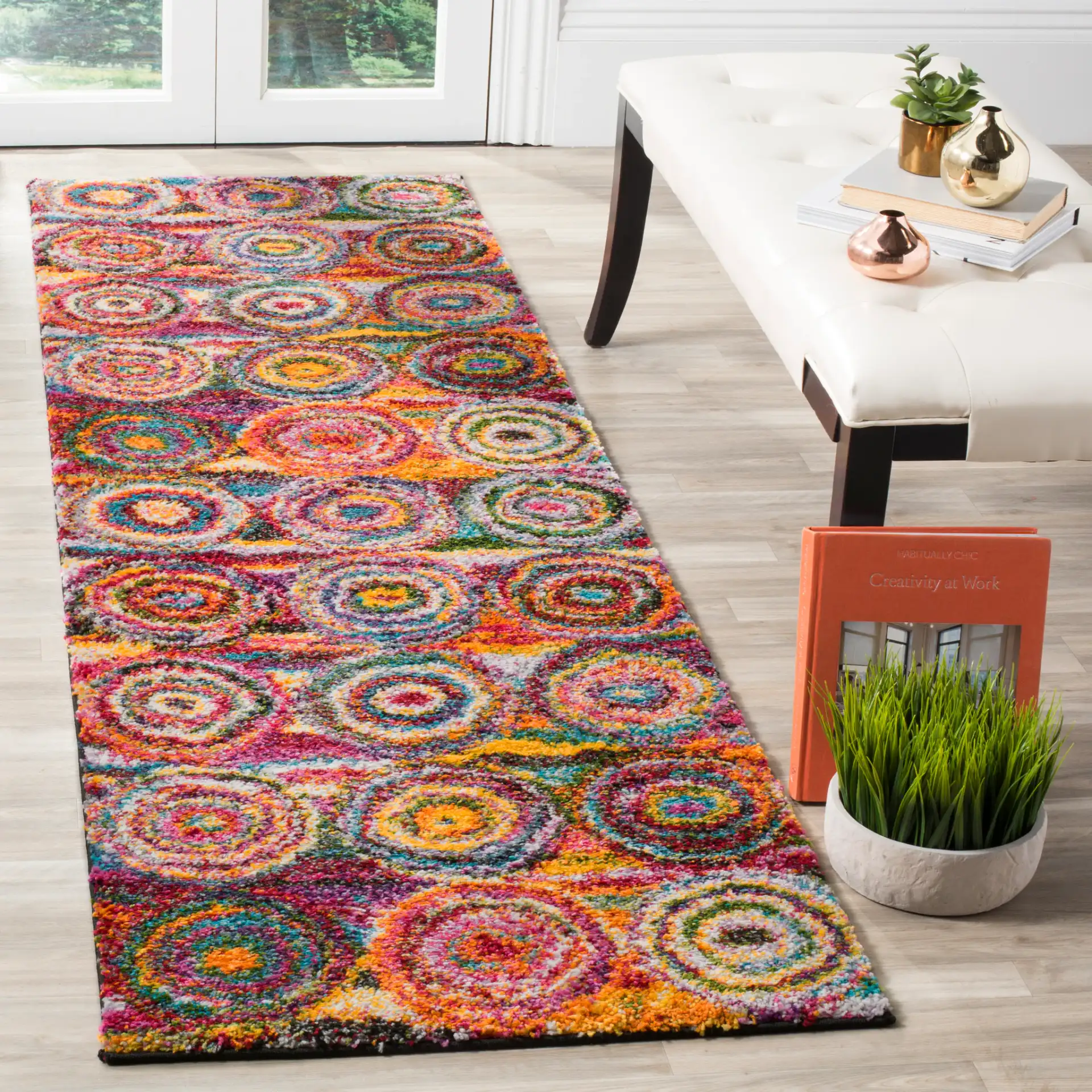 Fiesta Concentric Circles Shag Rug in Multicolor in a styled room
