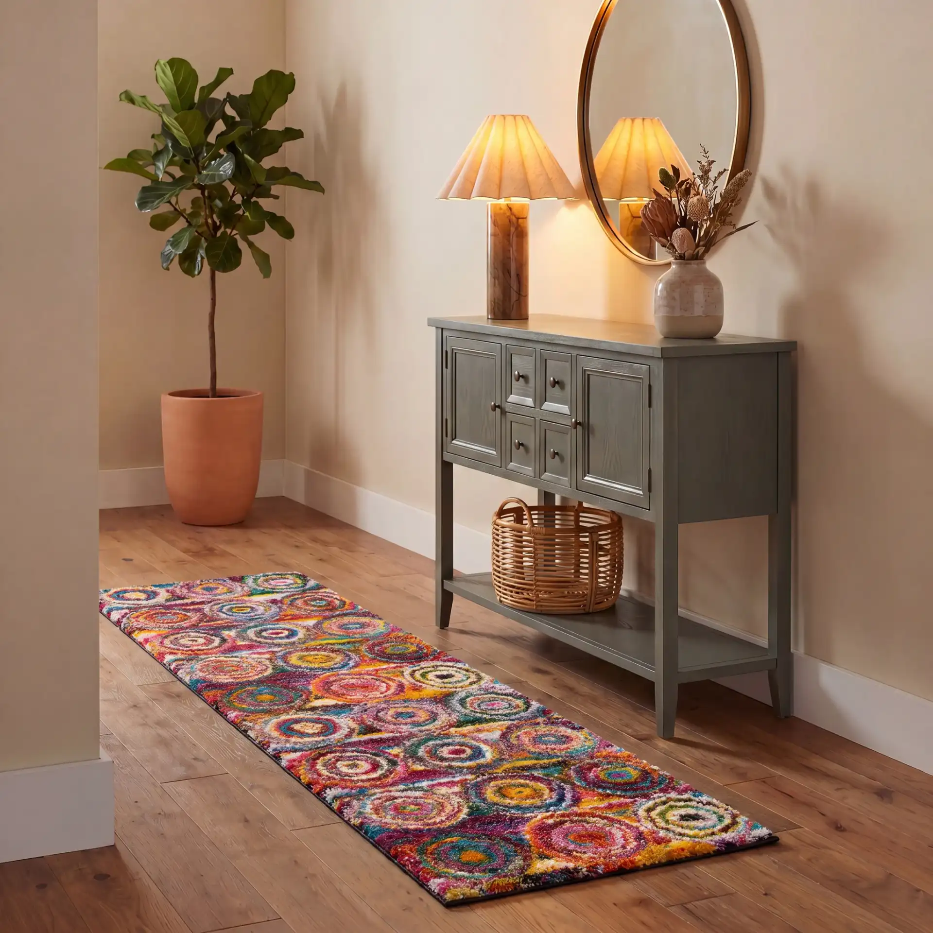 Fiesta Concentric Circles Shag Rug in Multicolor in a styled room