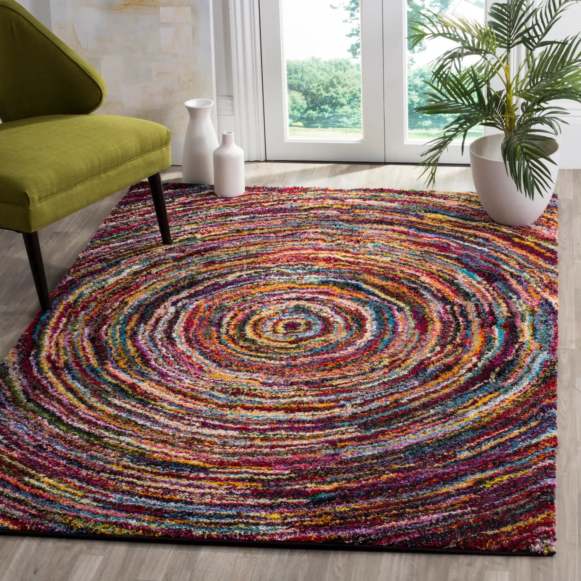 Fiesta Concentric Ripple Shag Rug in Multicolor in a styled room