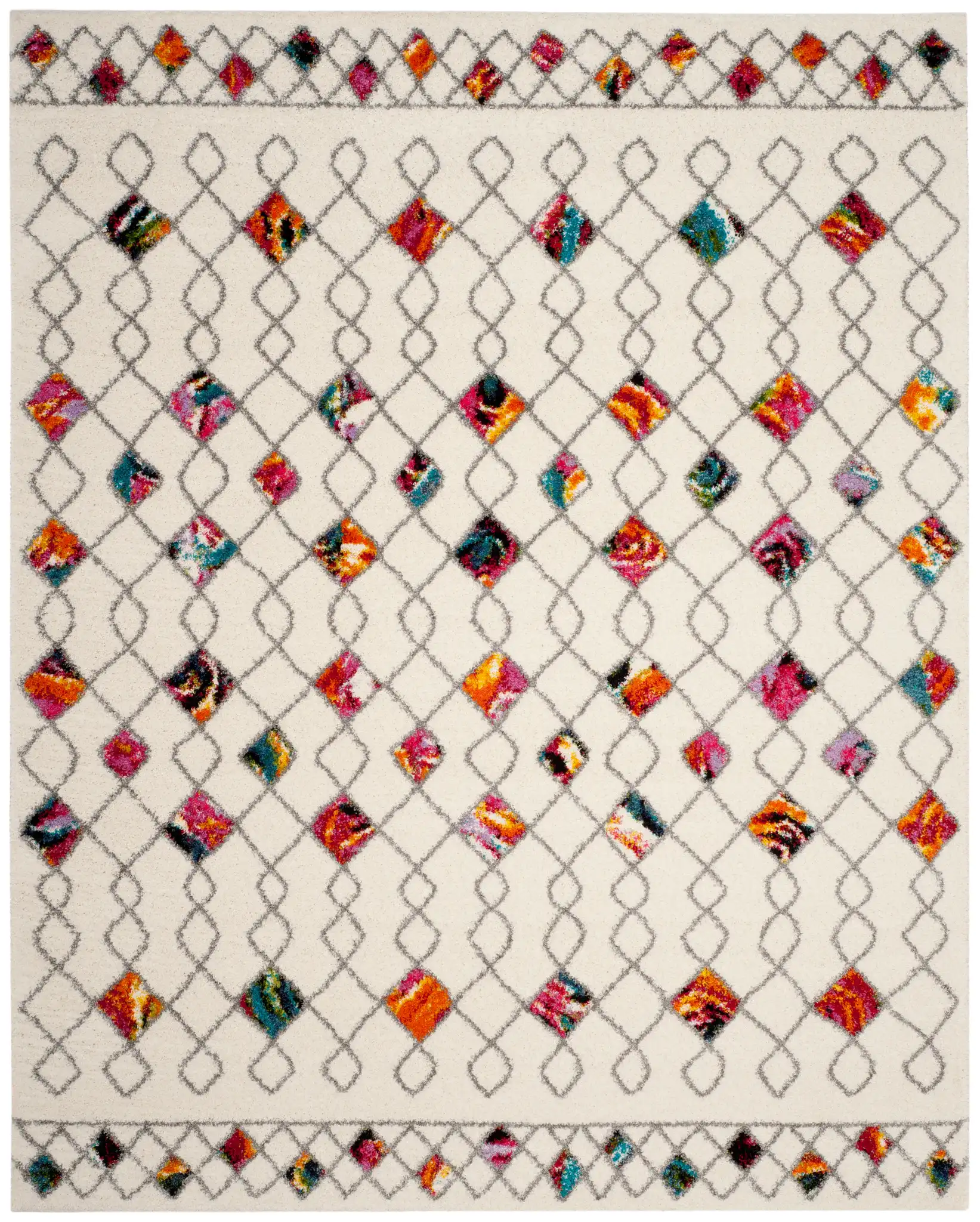Fiesta Diamond Trellis Shag Rug in Cream / Multicolor