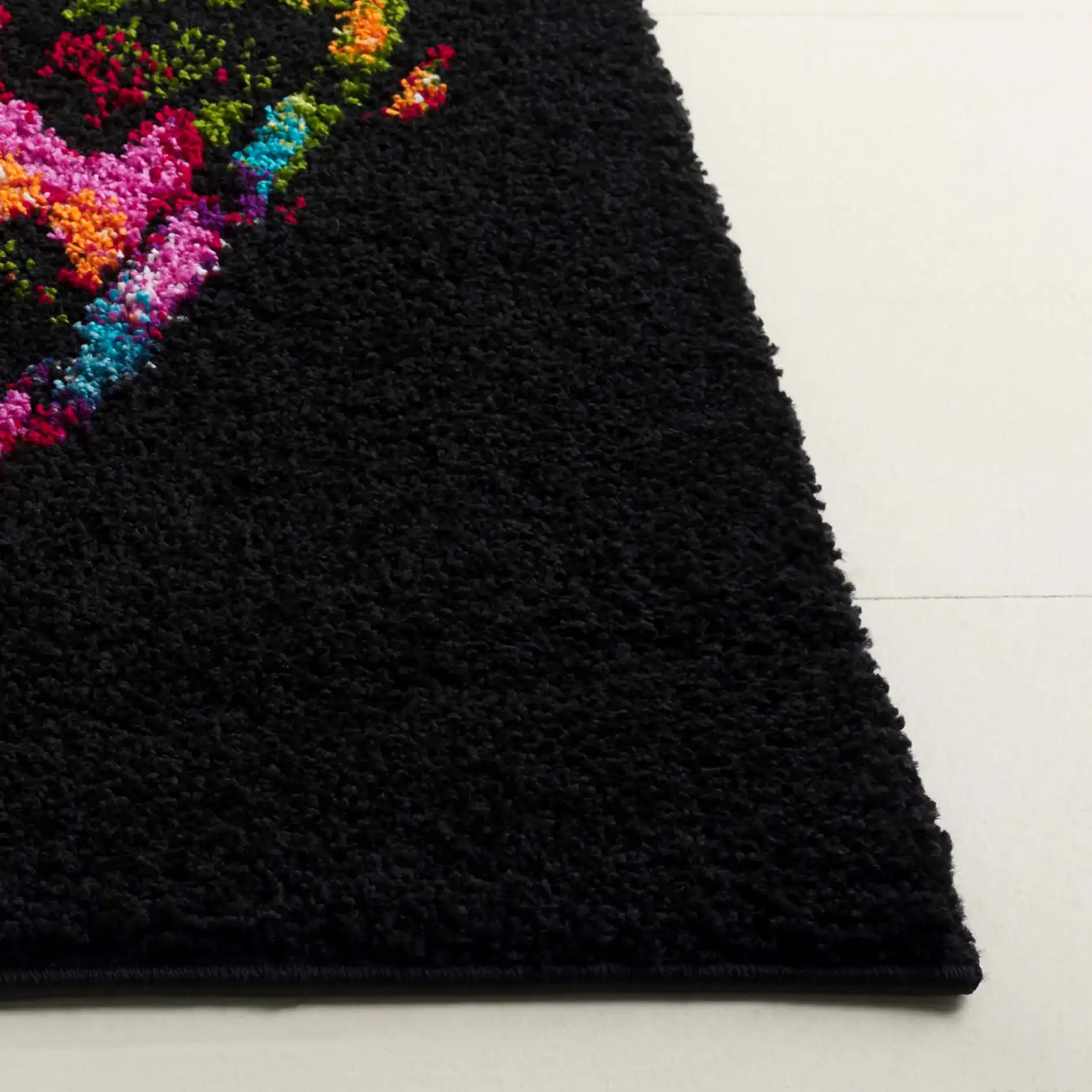 Fiesta Butterfly Shag Rug in Black / Yellow in a styled room