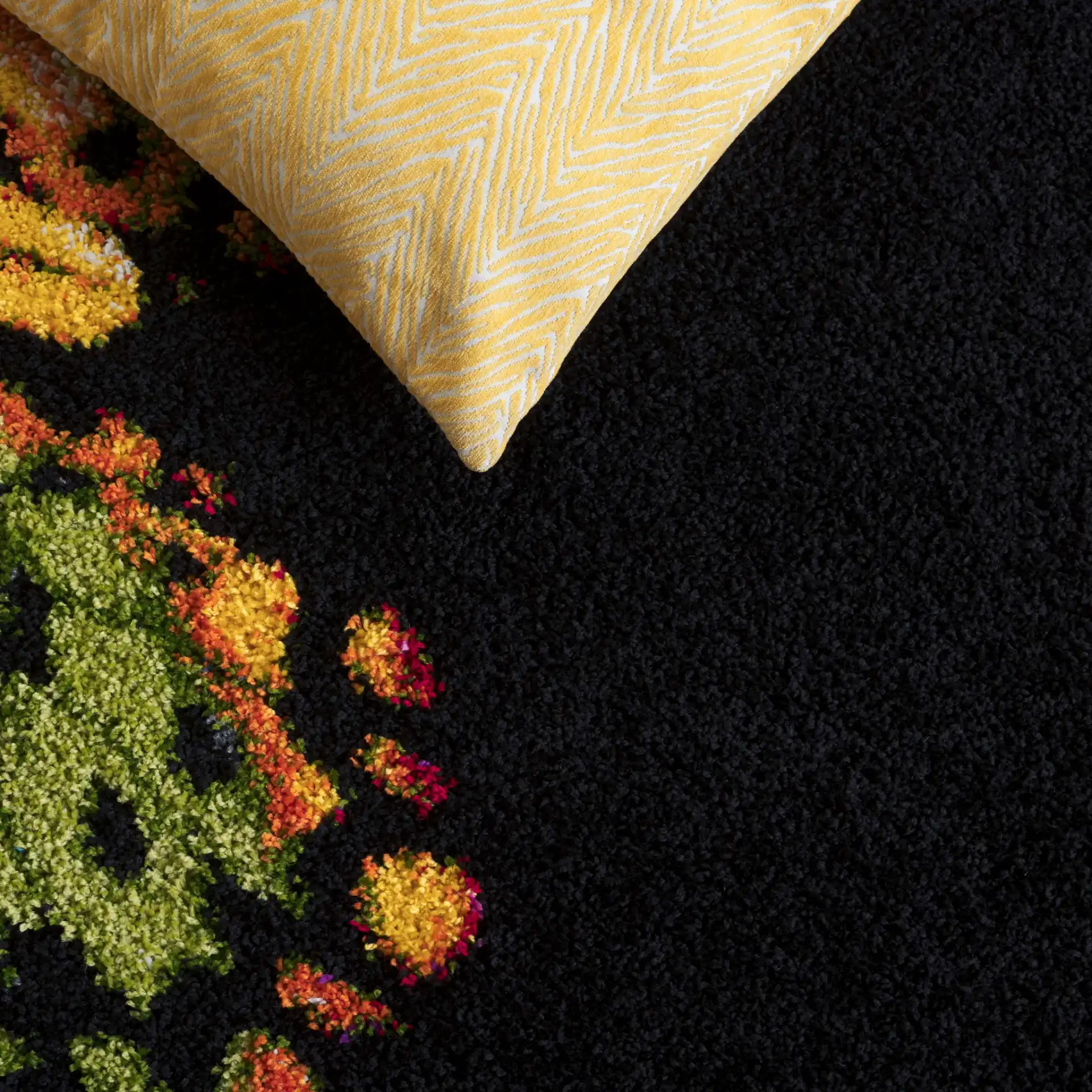 Fiesta Butterfly Shag Rug in Black / Yellow in a styled room