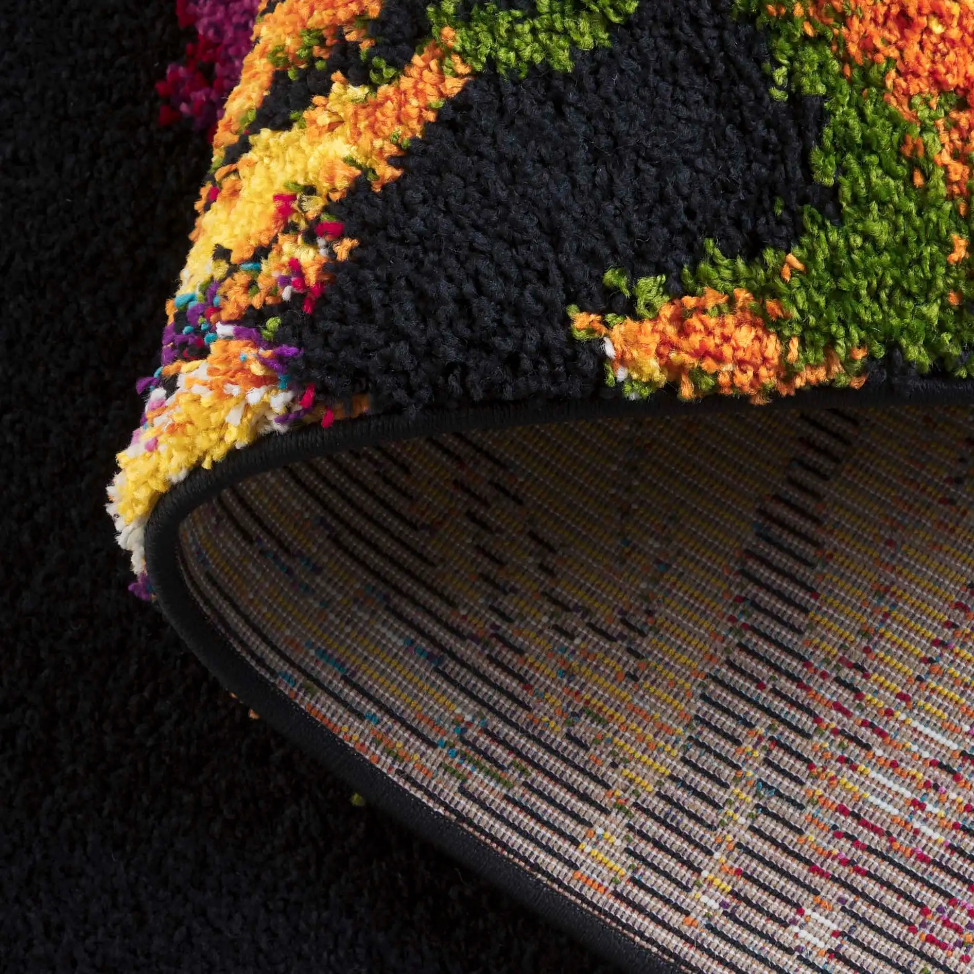 Fiesta Butterfly Shag Rug in Black / Yellow in a styled room