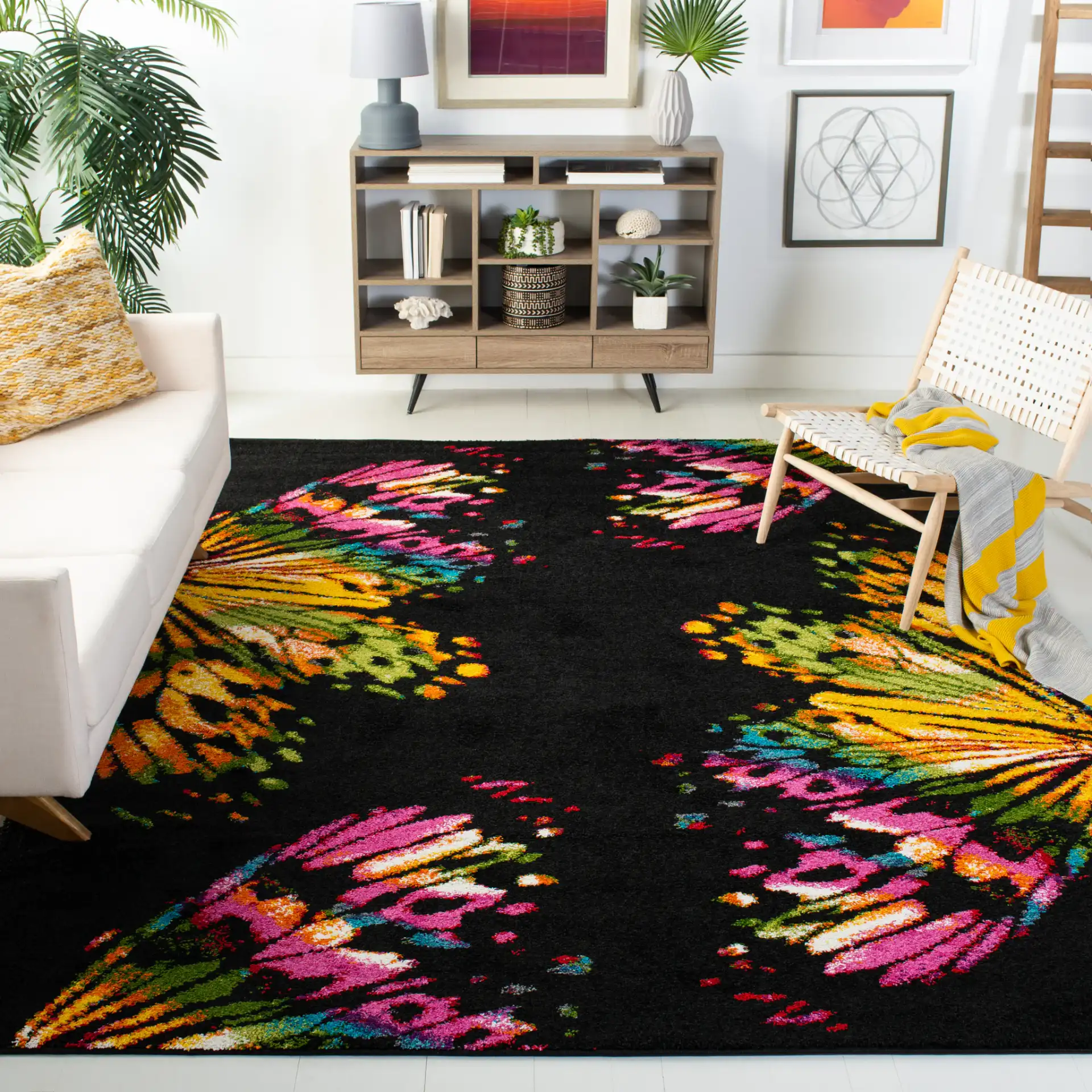 Fiesta Butterfly Shag Rug in Black / Yellow in a styled room
