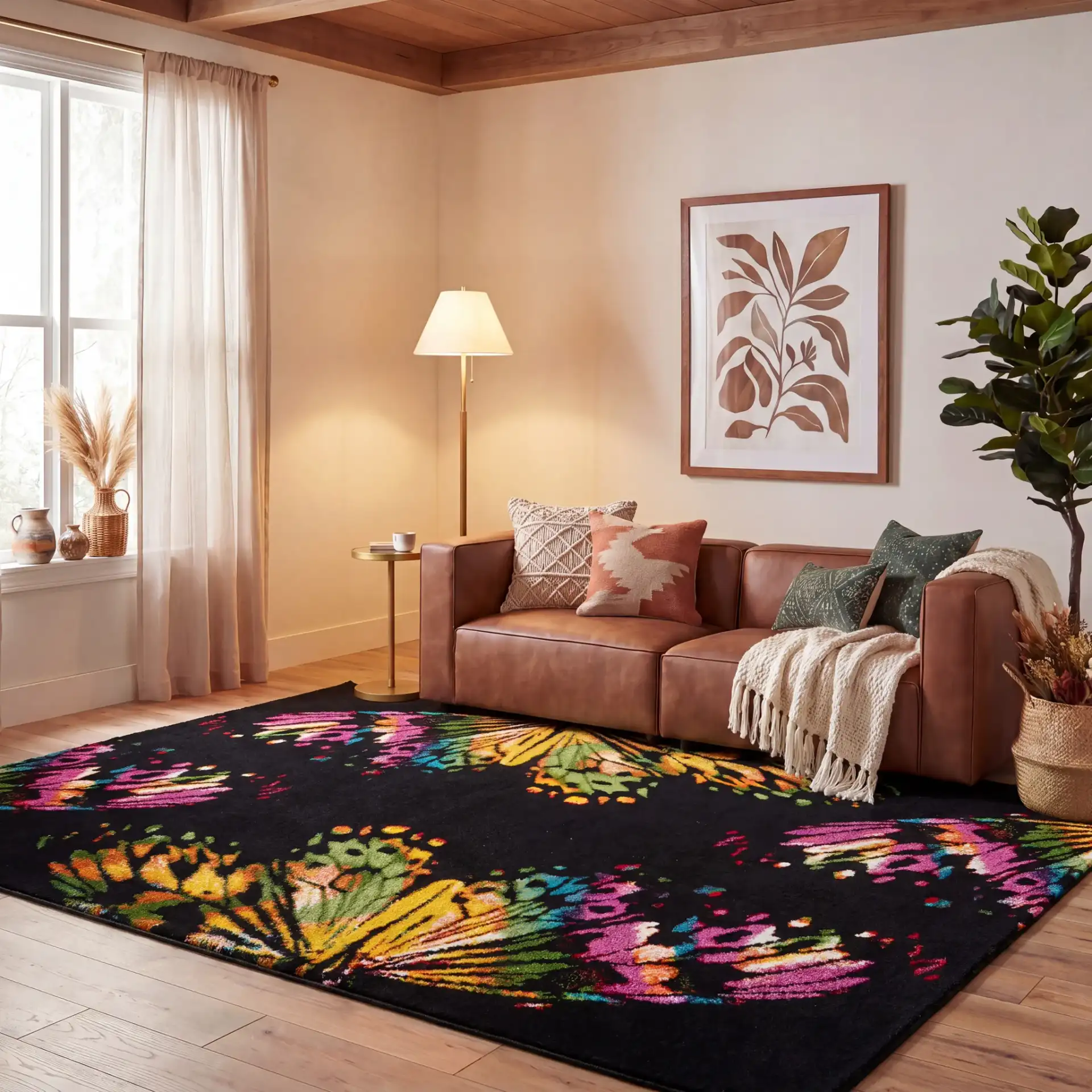 Fiesta Butterfly Shag Rug in Black / Yellow in a styled room