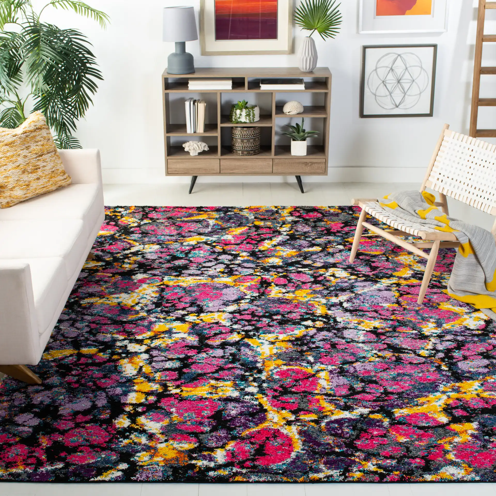 Fiesta Abstract Shag Rug in Lavender / Multicolor in a styled room