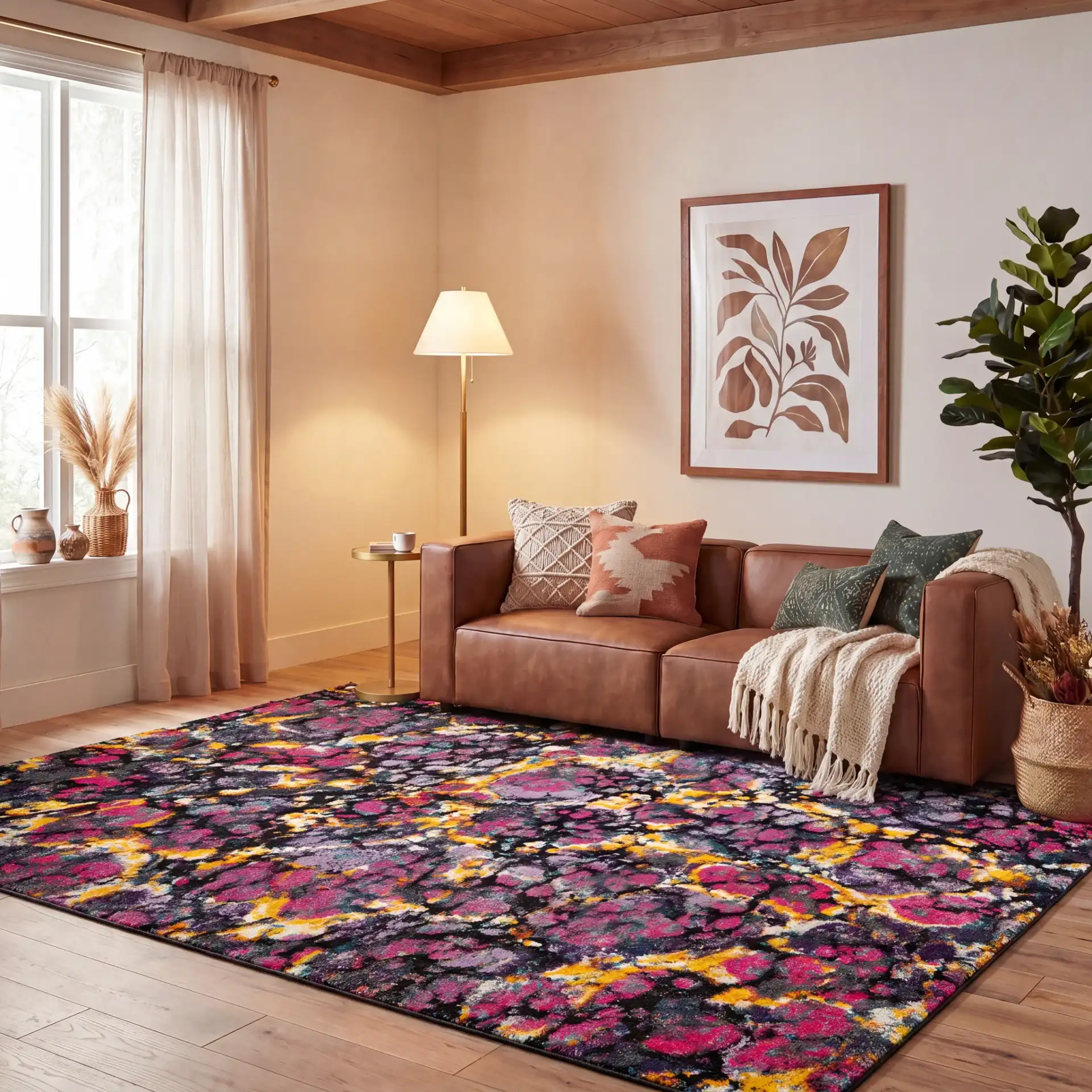 Fiesta Abstract Shag Rug in Lavender / Multicolor in a styled room
