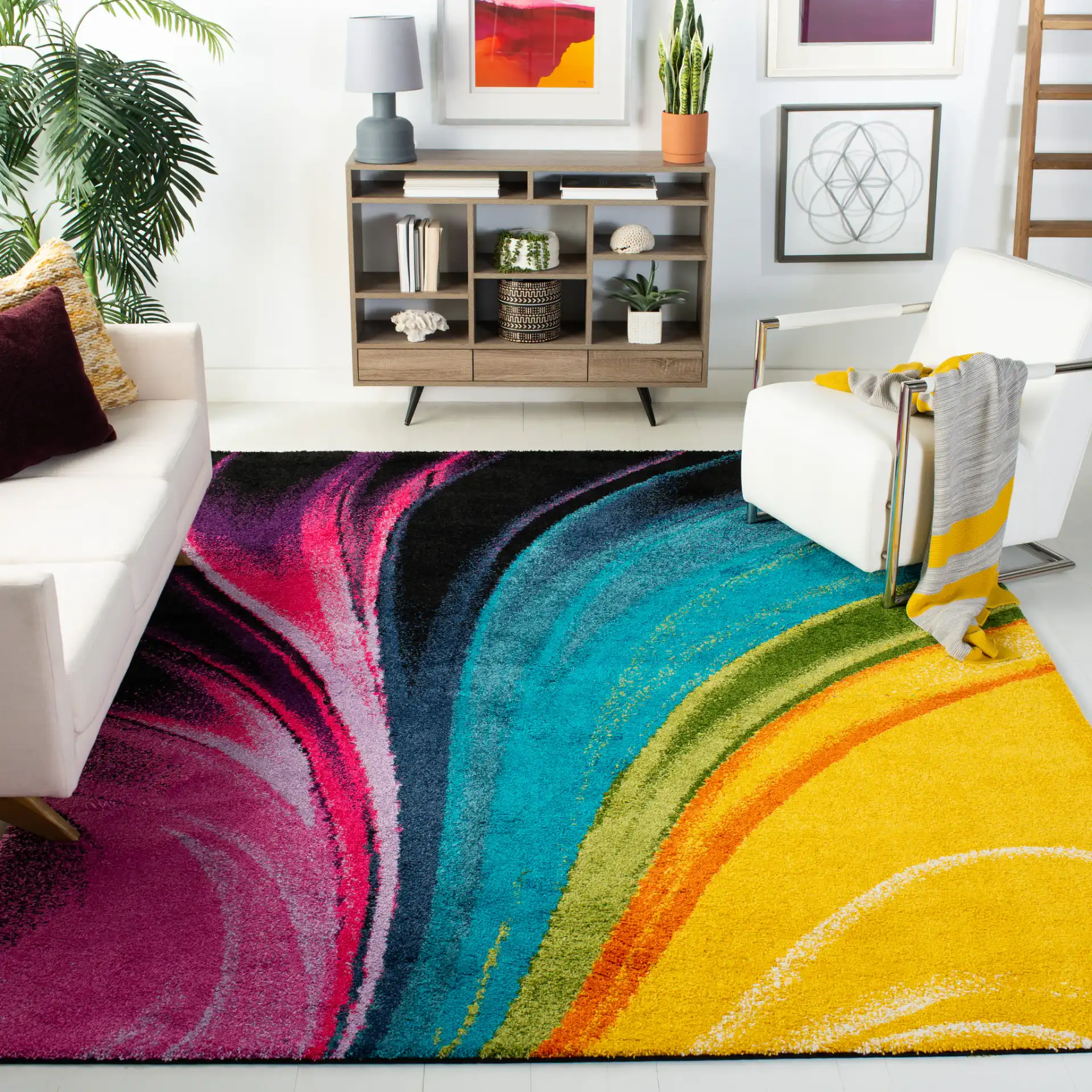 Fiesta Swirling Waves Shag Rug in Multicolor in a styled room