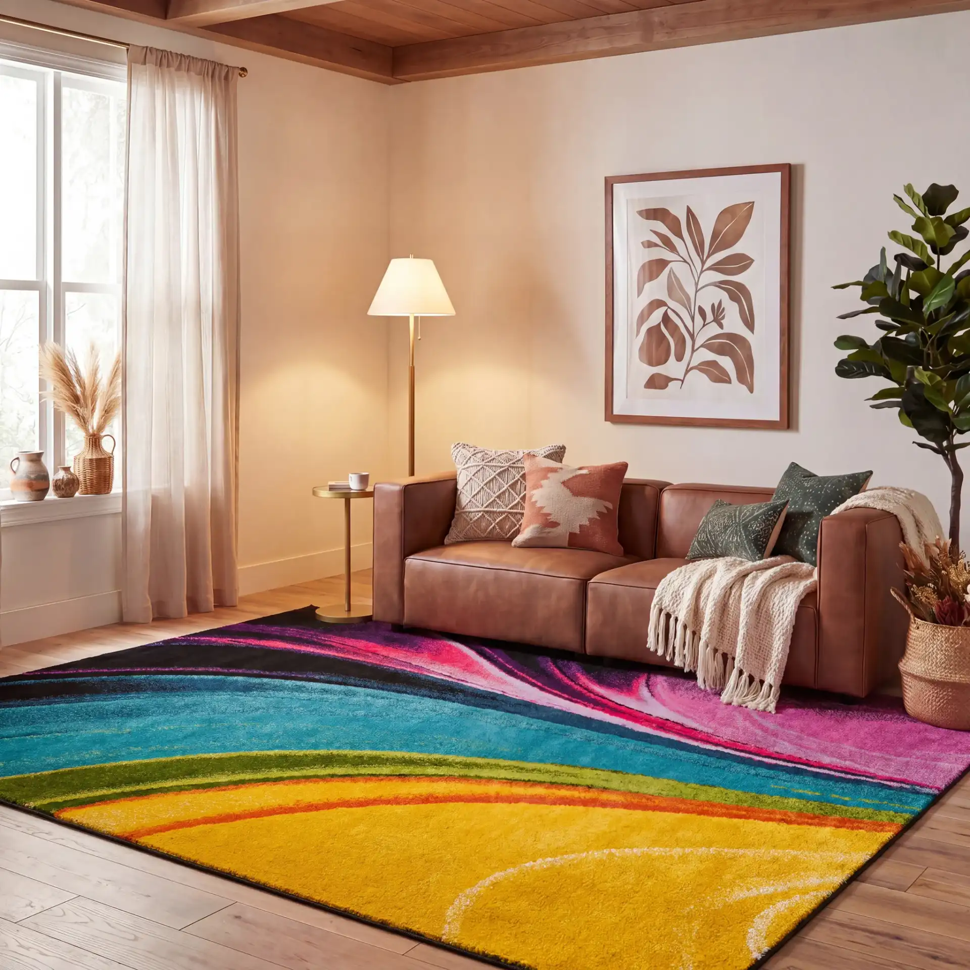 Fiesta Swirling Waves Shag Rug in Multicolor in a styled room