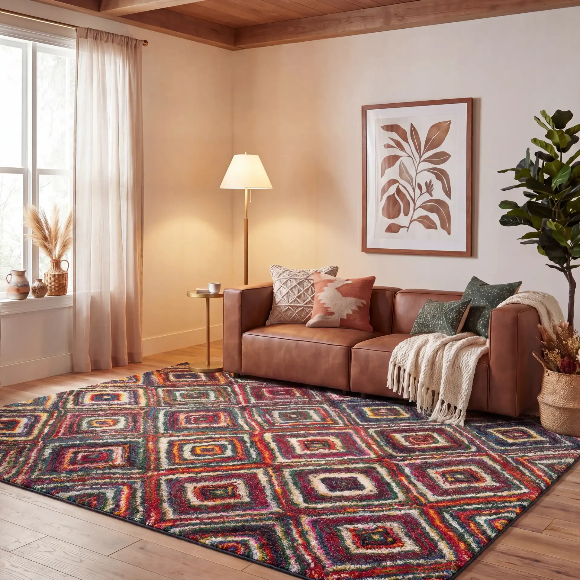 Fiesta Concentric Diamond Shag Rug in Multicolor in a styled room