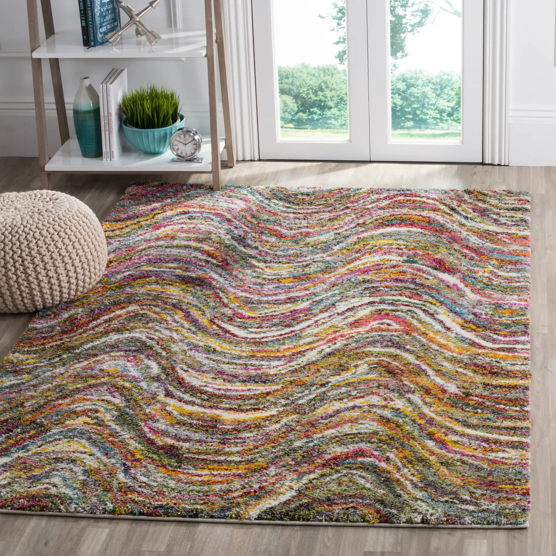 Fiesta Wave Shag Rug in Multicolor in a styled room