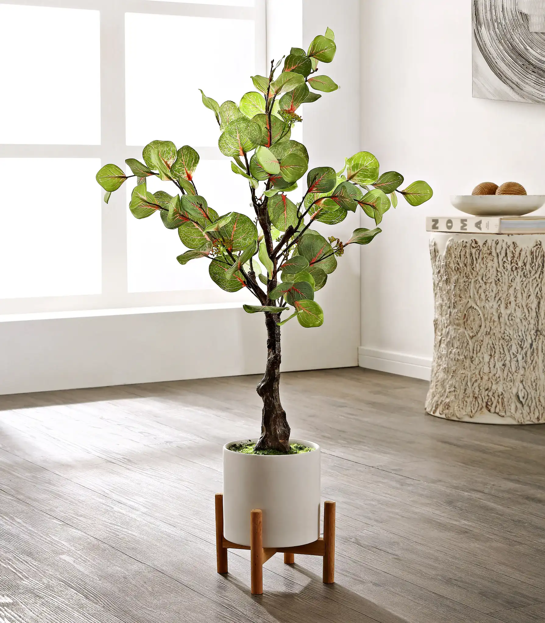 Faux 34" Potted Eucalyptus Tree in Pot / White in a styled room