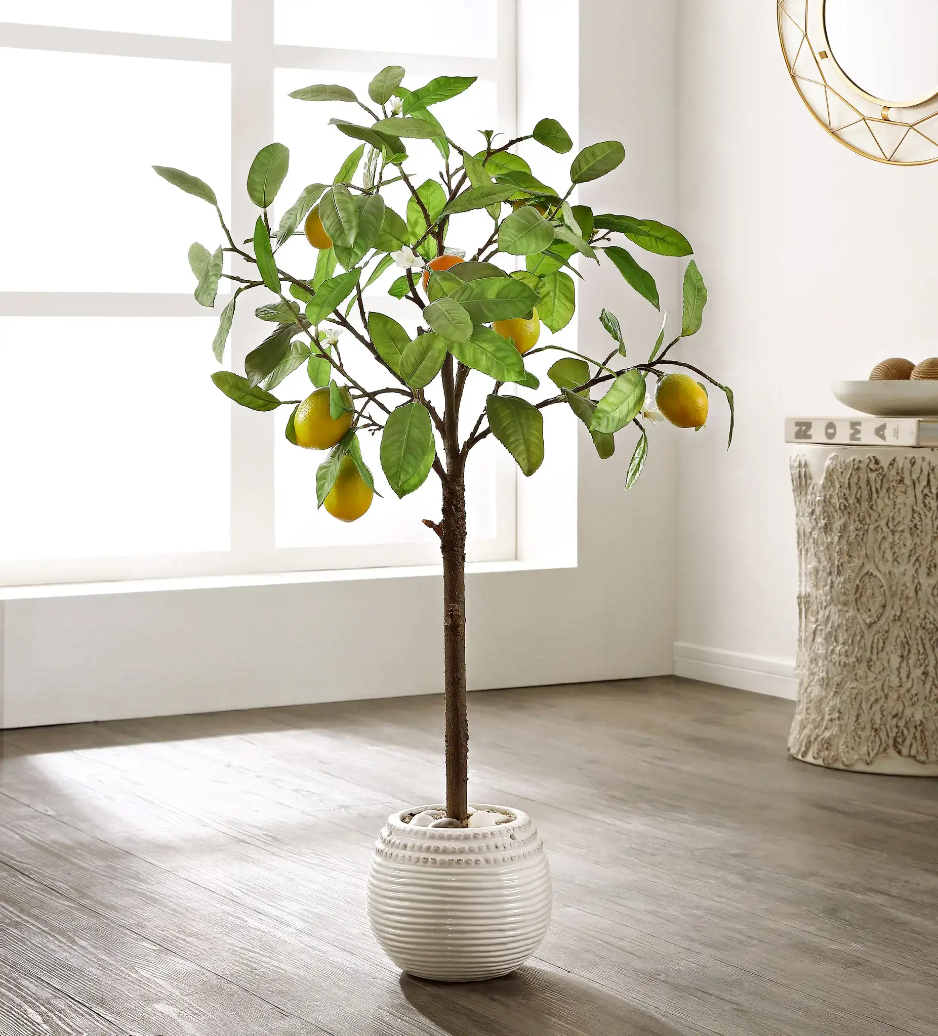Faux 36" Potted Lemon Tree in Pot / White in a styled room