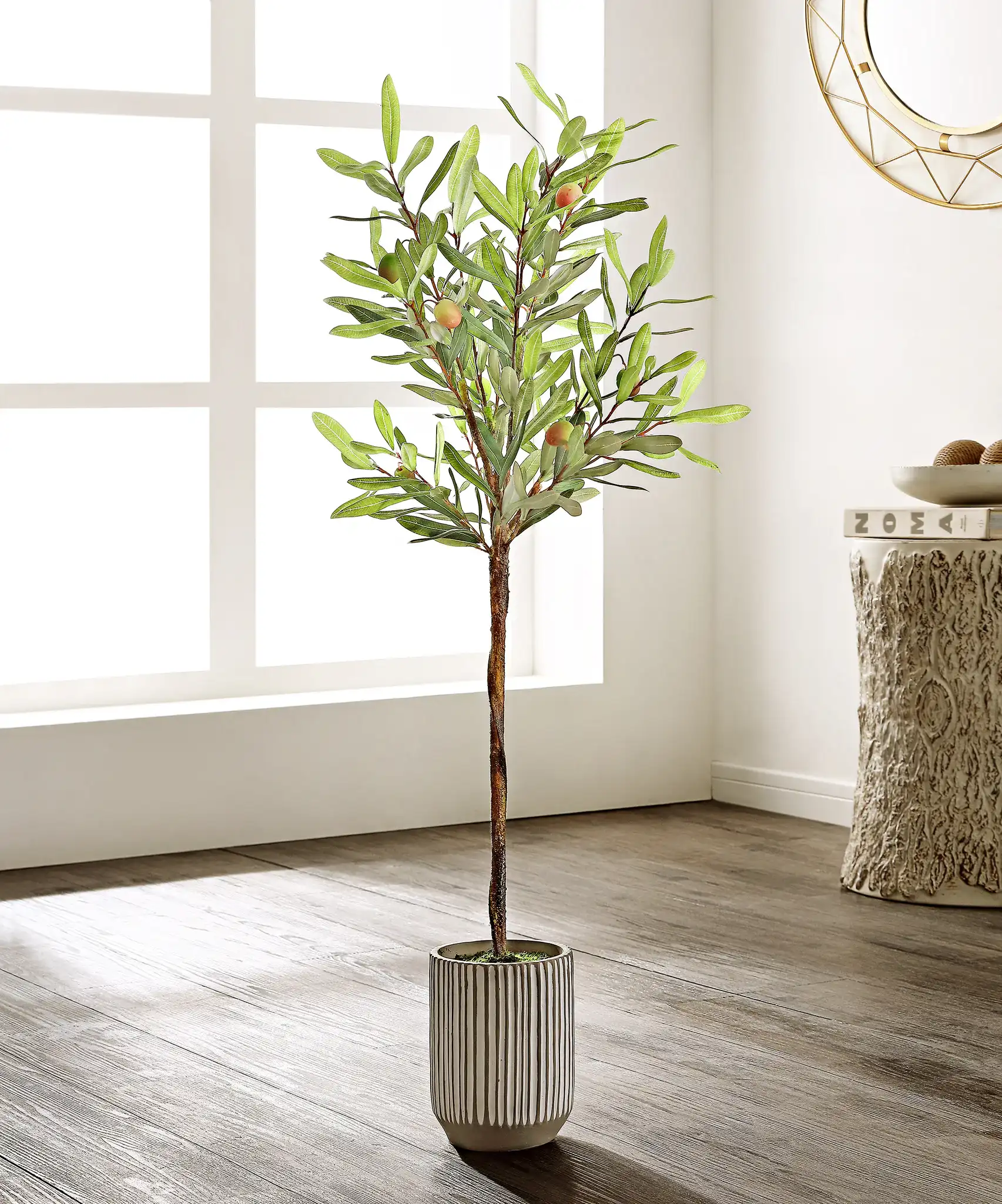 Faux 36" Potted Olive Tree in Pot / White / Gray in a styled room