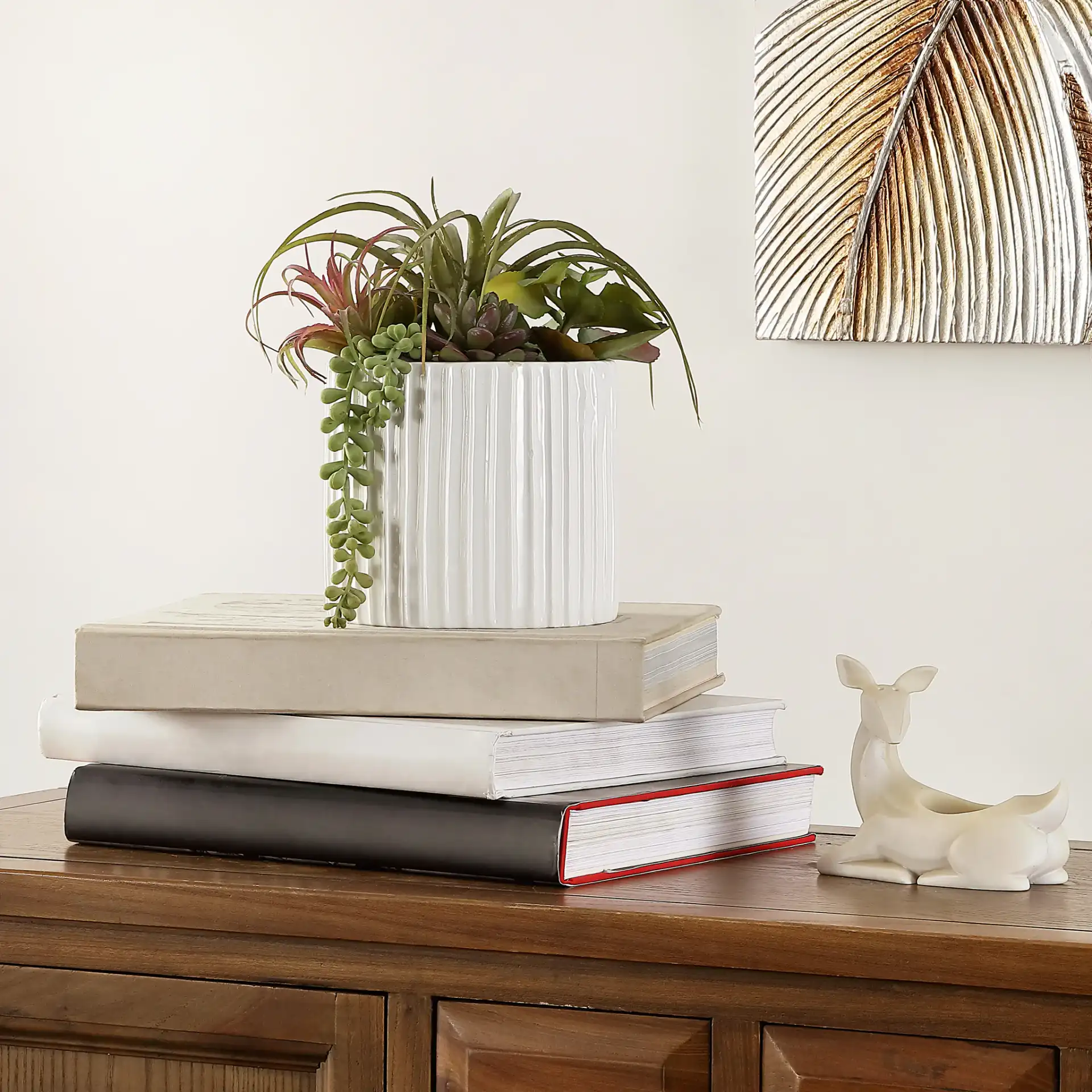 Faux 9.45" Potted Mixed Succulents in Pot / White in a styled room