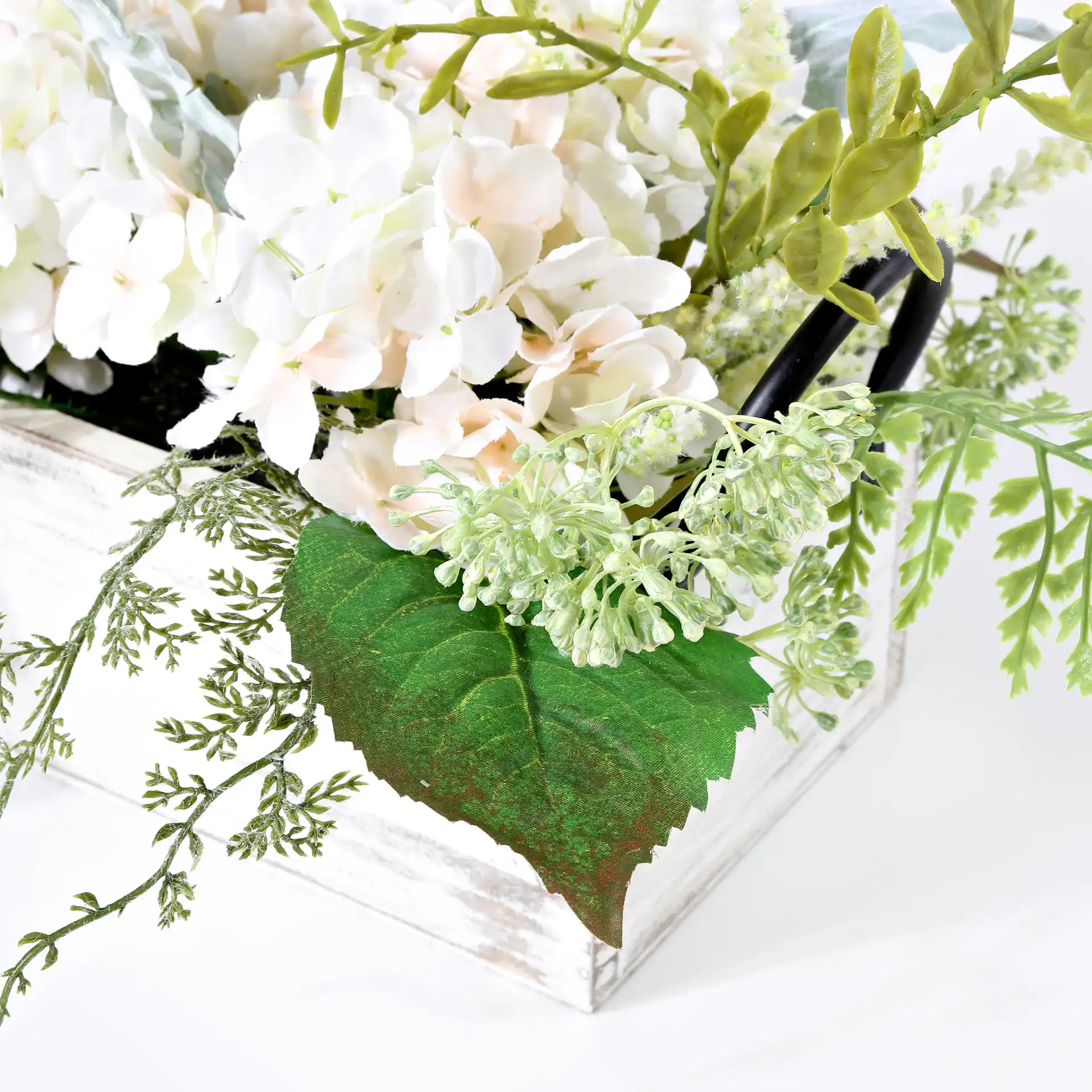 Faux 13" Hydrangea Potted Arg. in Green / Yellow in a styled room