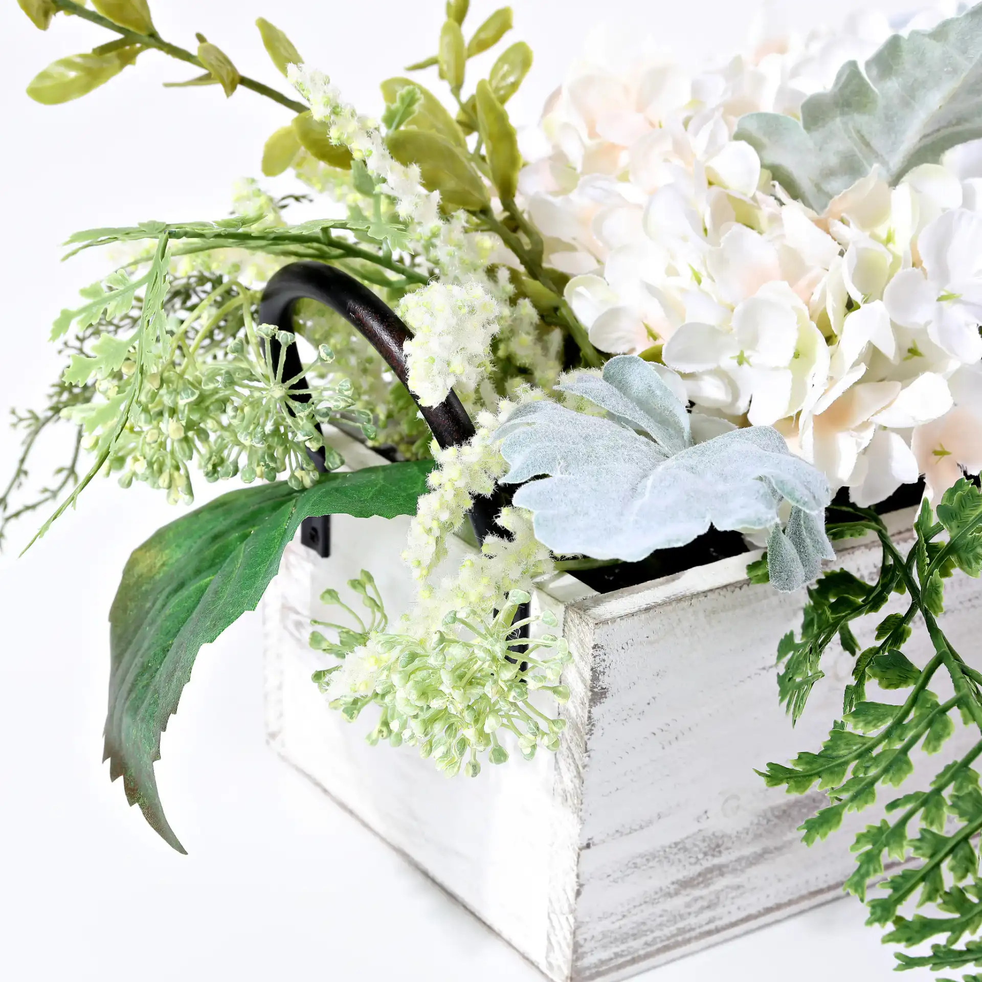Faux 13" Hydrangea Potted Arg. in Green / Yellow in a styled room