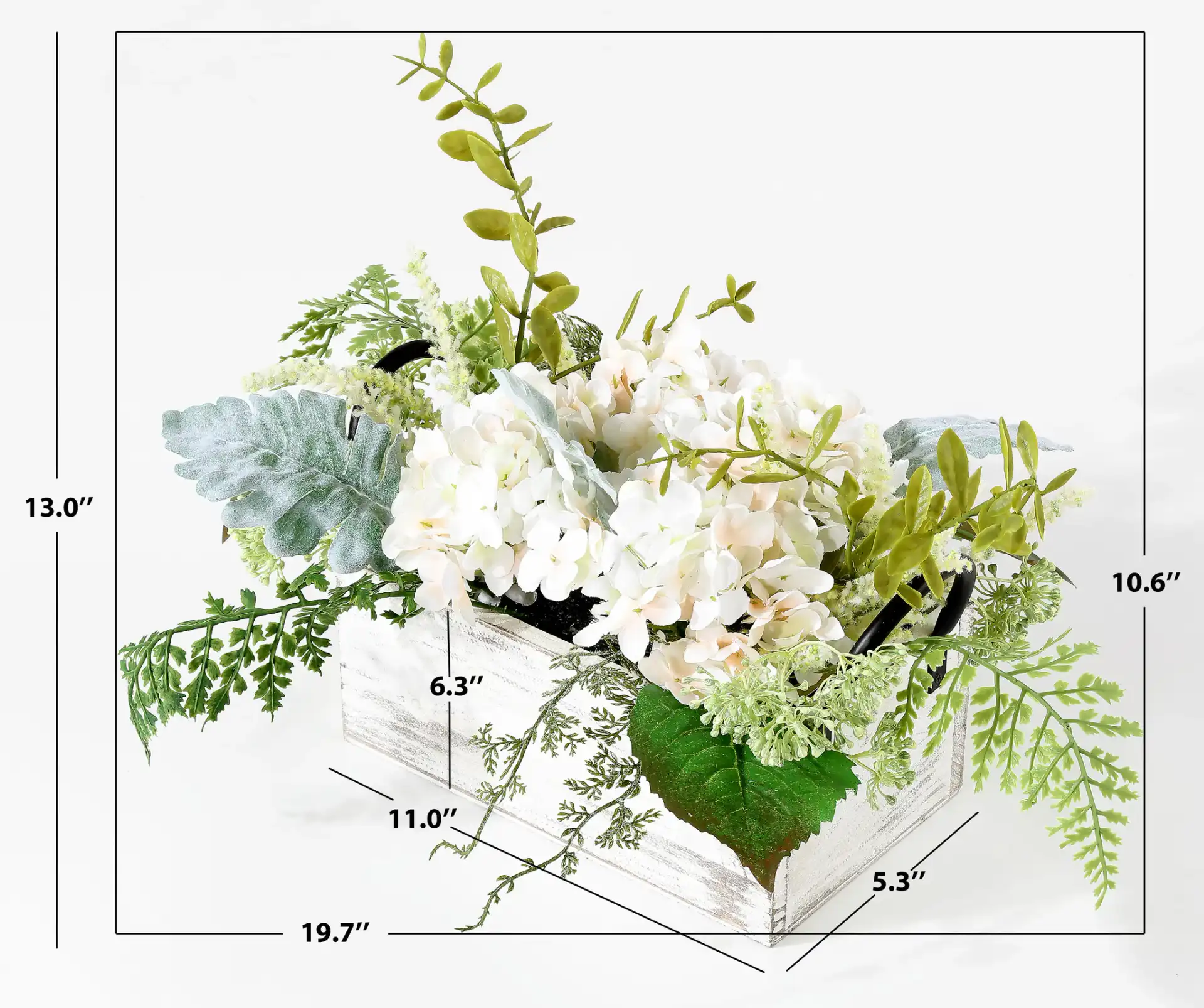 Faux 13" Hydrangea Potted Arg. in Green / Yellow, detail view
