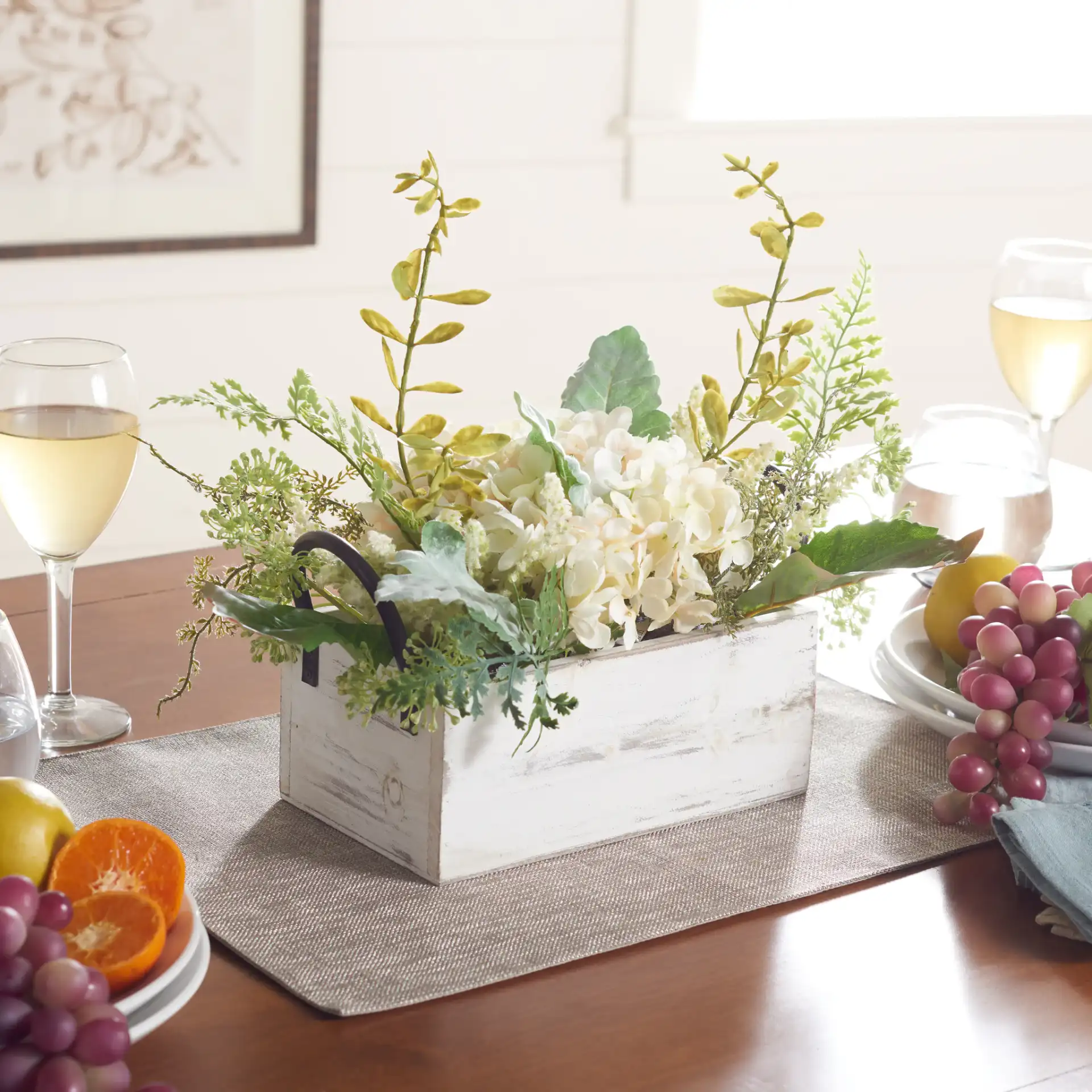 Faux 13" Hydrangea Potted Arg. in Green / Yellow in a styled room