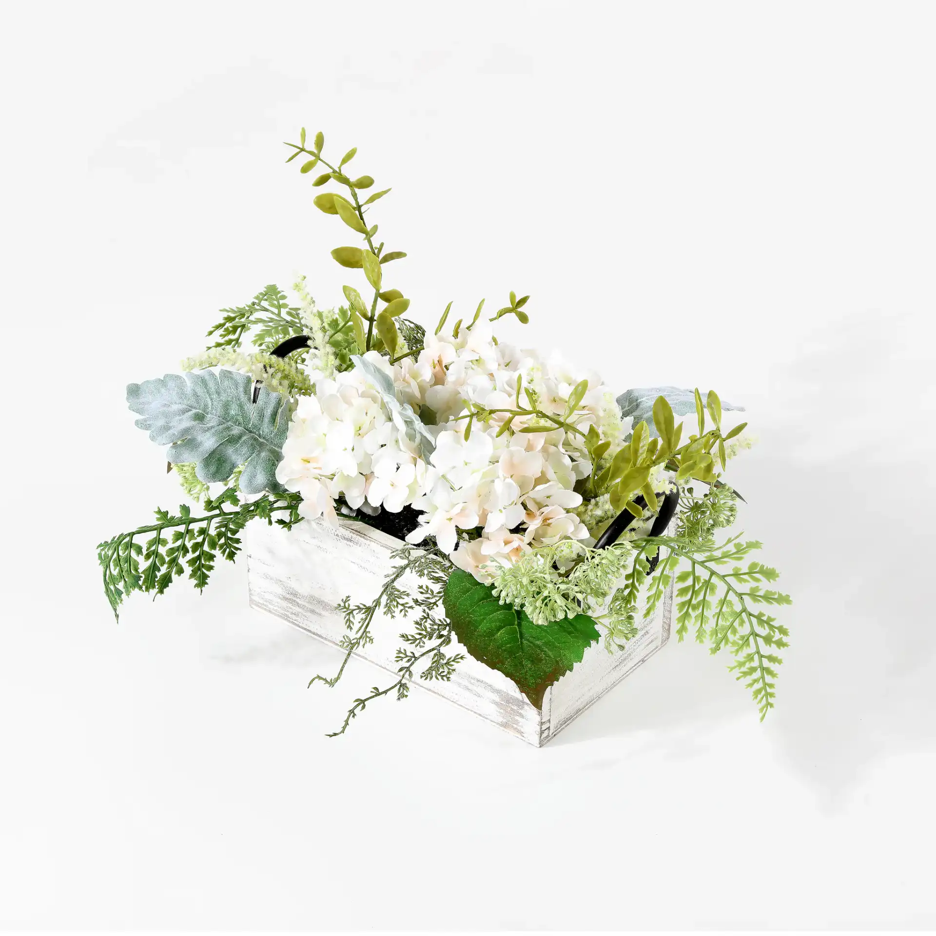 Faux 13" Hydrangea Potted Arg. in Green / Yellow, detail view