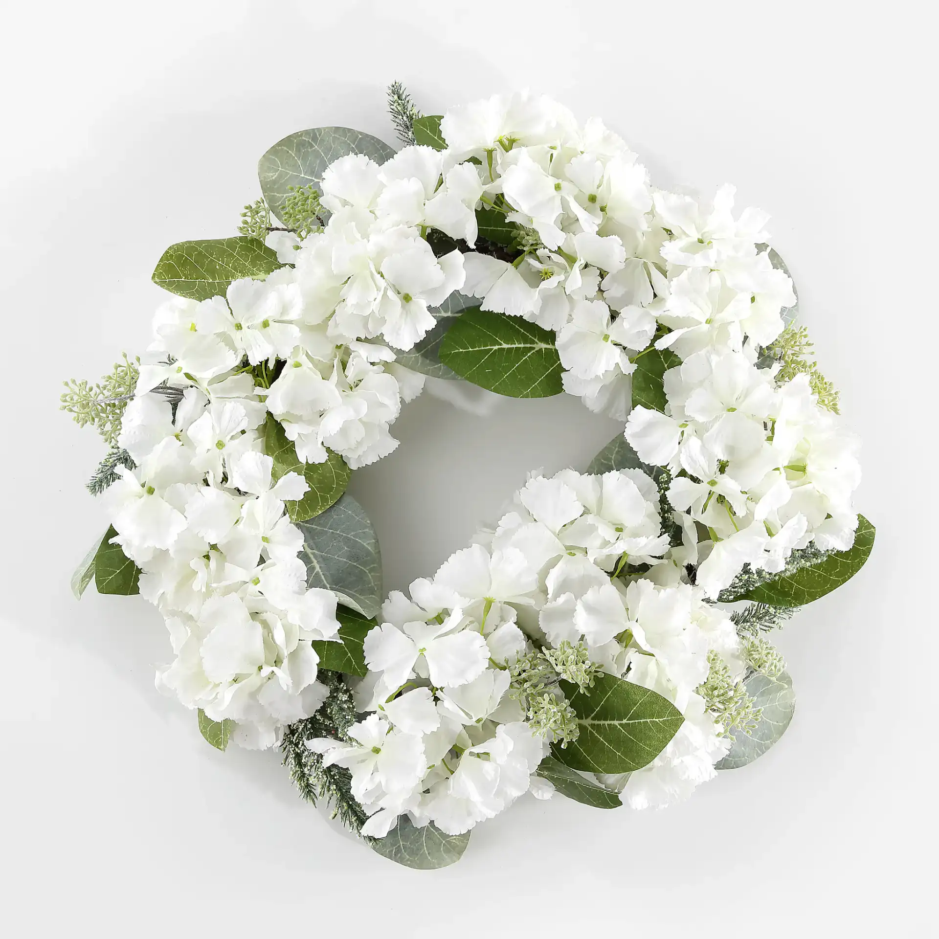 Faux 22" Hydrangea & Magnolia Wreath in White / Green