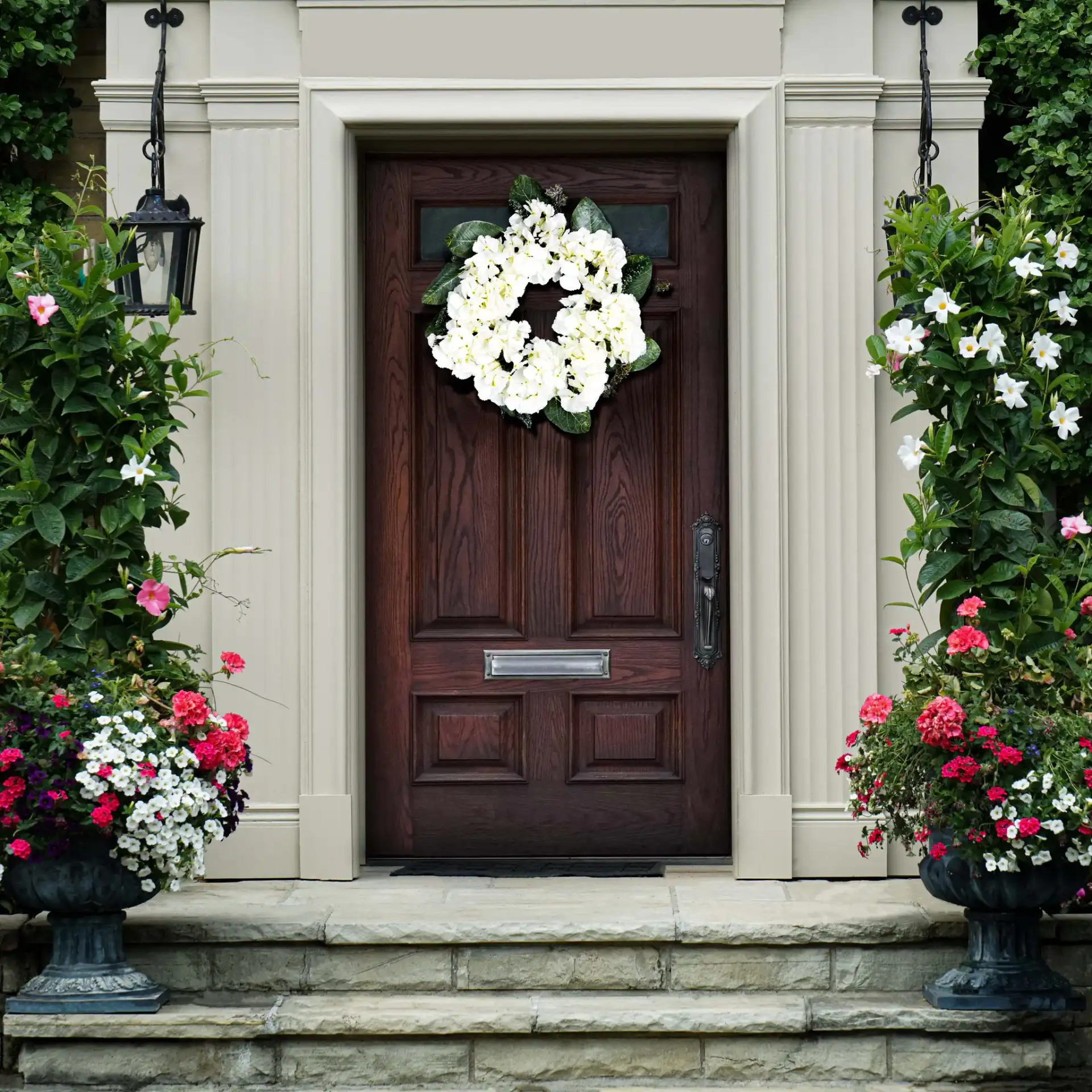 Faux 22" Hydrangea & Magnolia Wreath in White / Green in a styled room