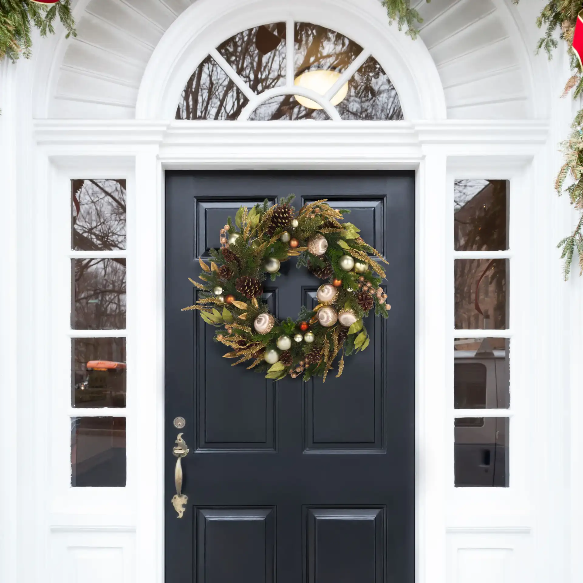Golden Luxe 28" Wreath in Multi in a styled room