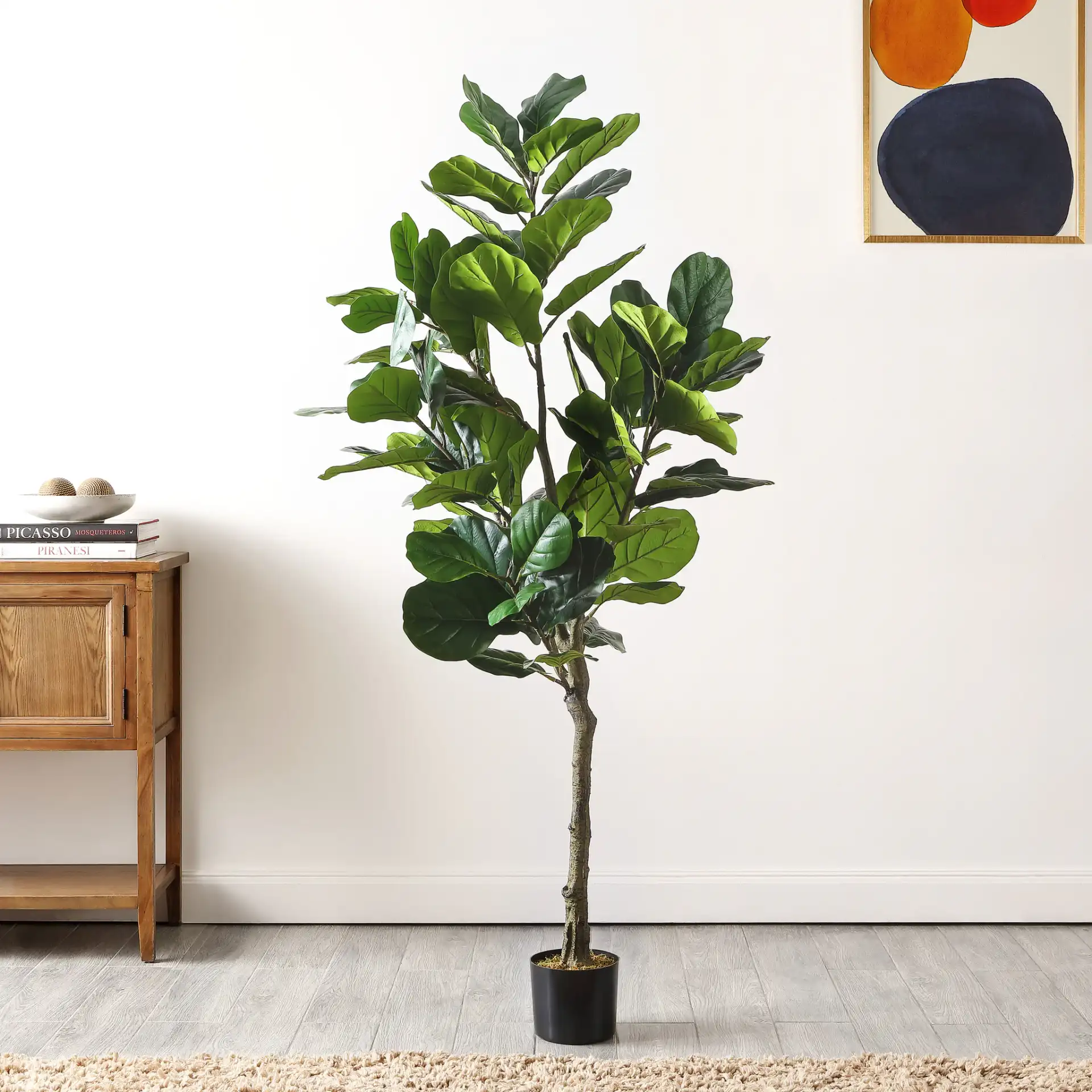 Faux 72" Potted Fig Tree in Green in a styled room