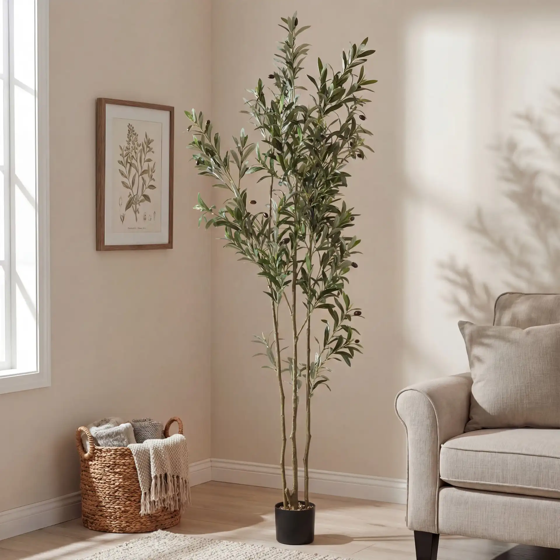 Faux 71'' Olive Tree in Green / Black in a styled room