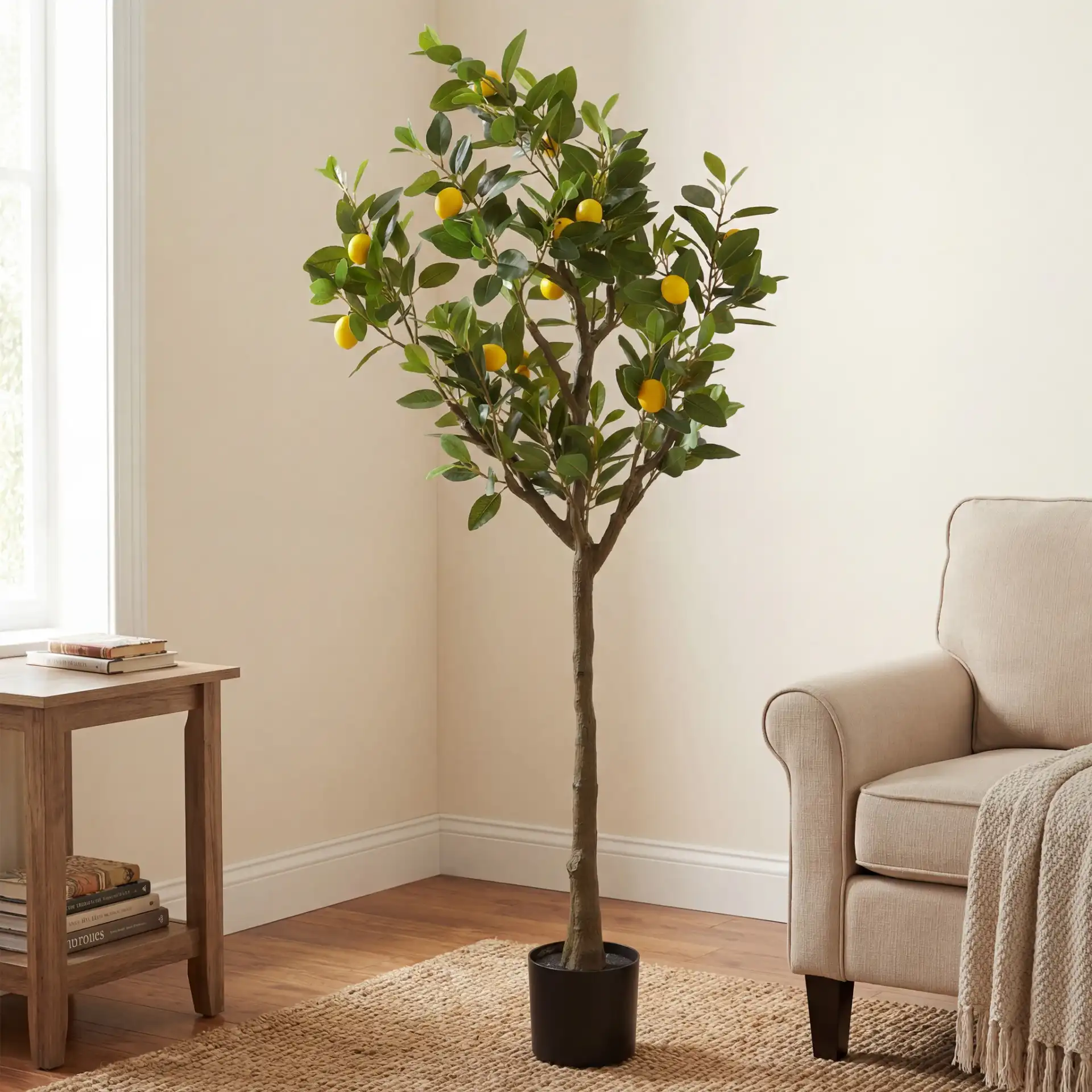Faux 59'' Lemon Tree in Green / Black in a styled room