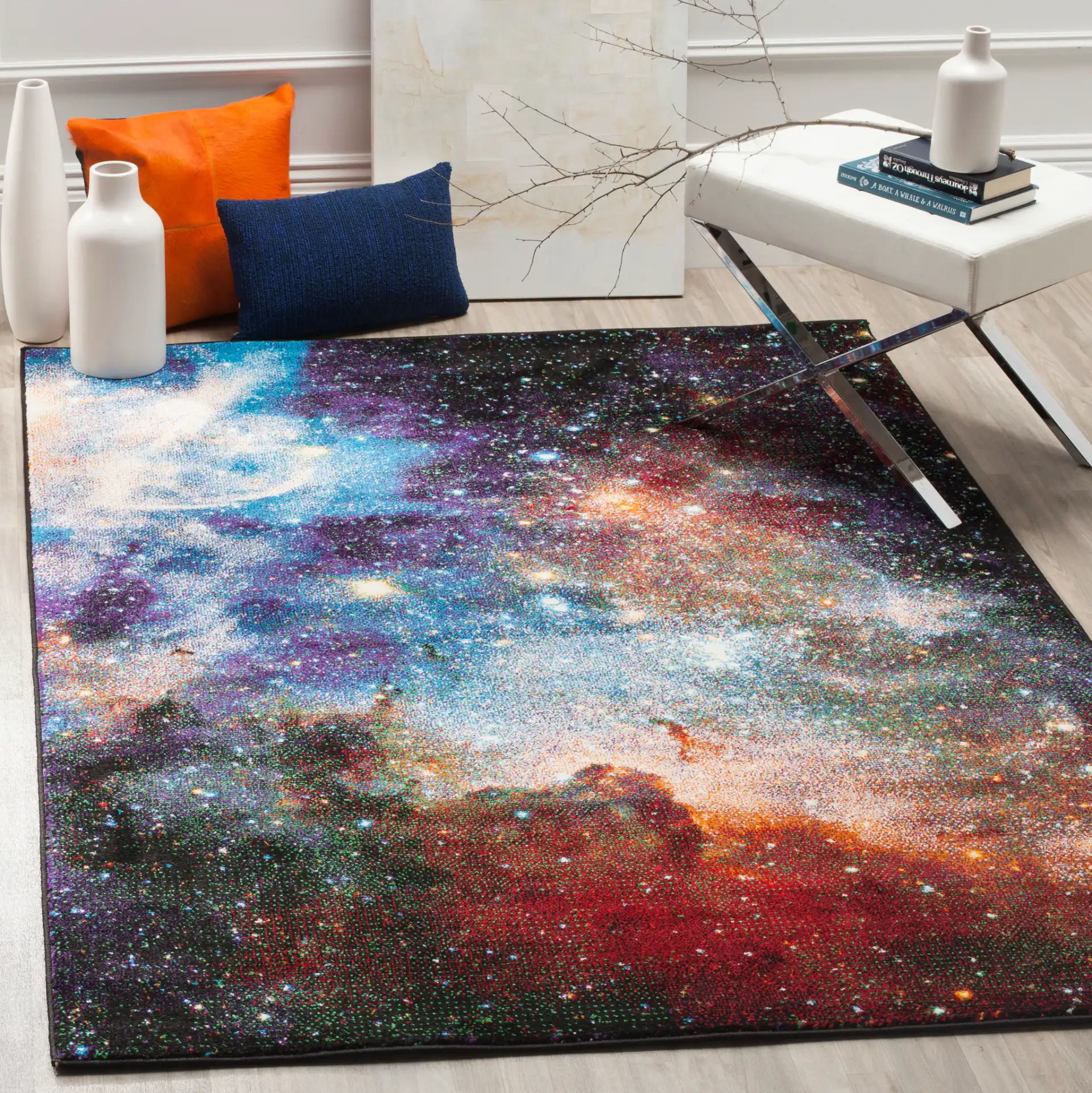 Galaxy Nebula Rug in Purple / Multicolor in a styled room