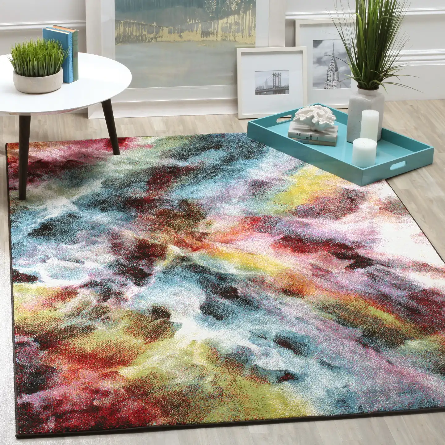 Galaxy Abstract Cloud Rug in Multicolor in a styled room