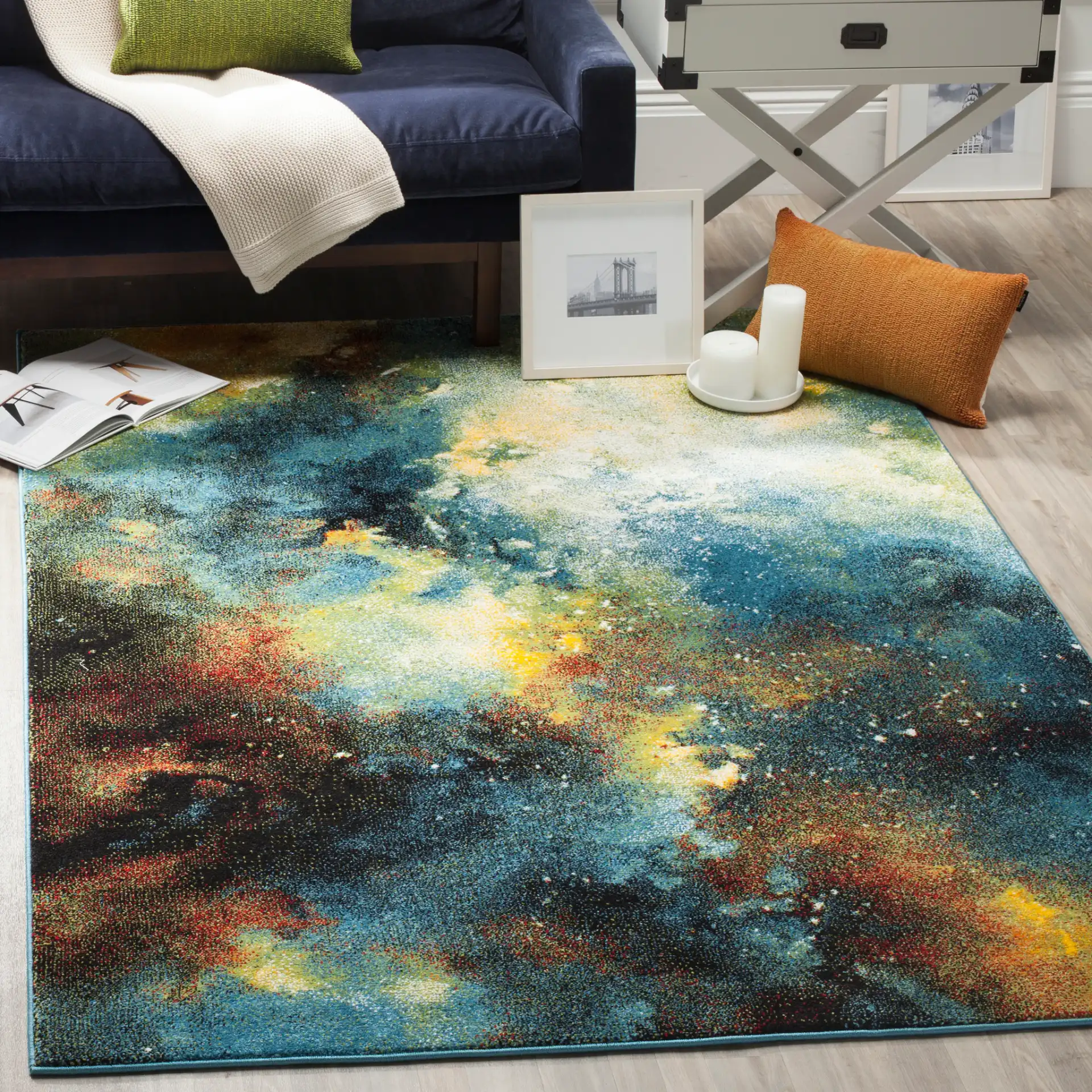 Galaxy Abstract Painterly Rug in Blue / Multicolor in a styled room
