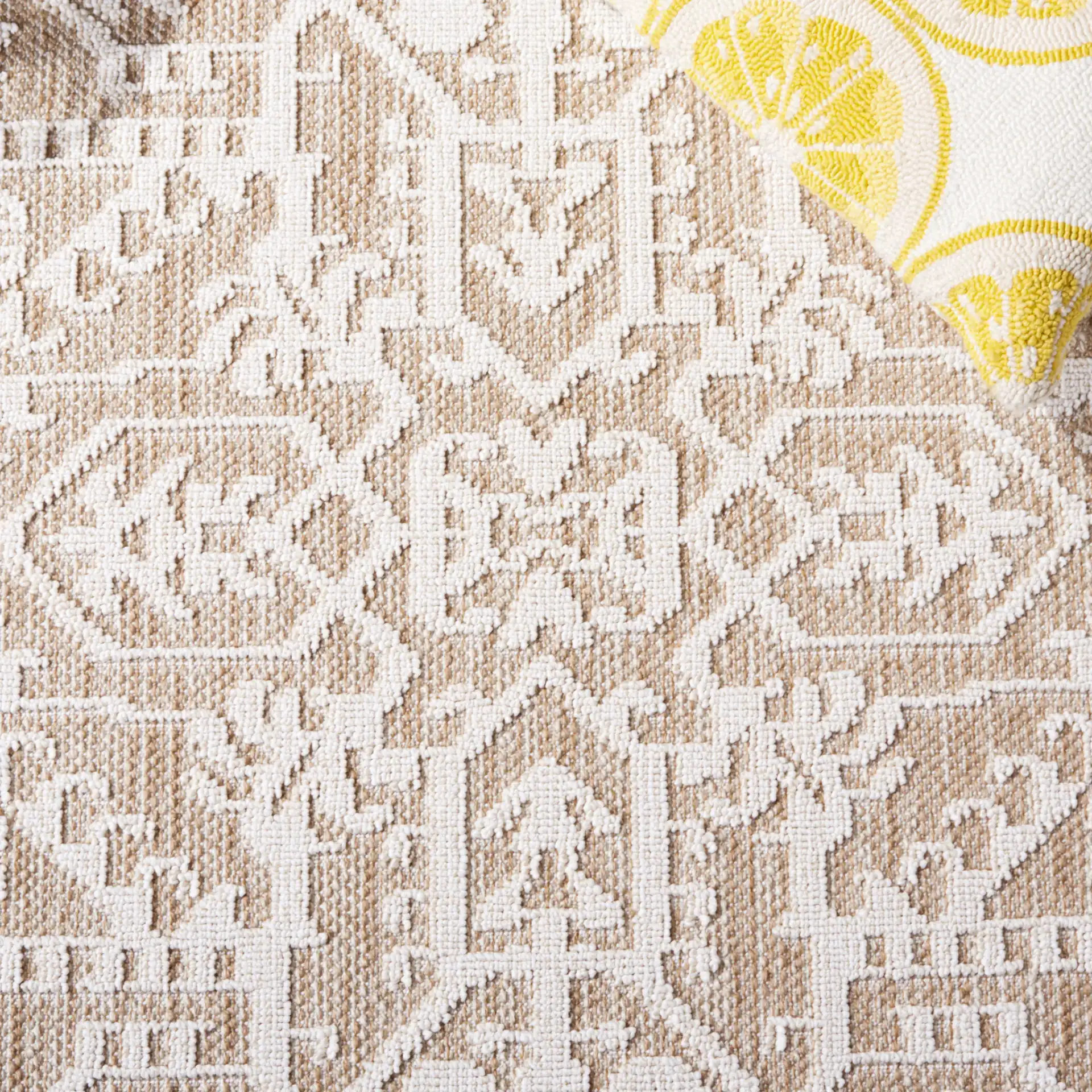 Global Bohemian Medallion Outdoor Rug in Beige / Light Beige in a styled room