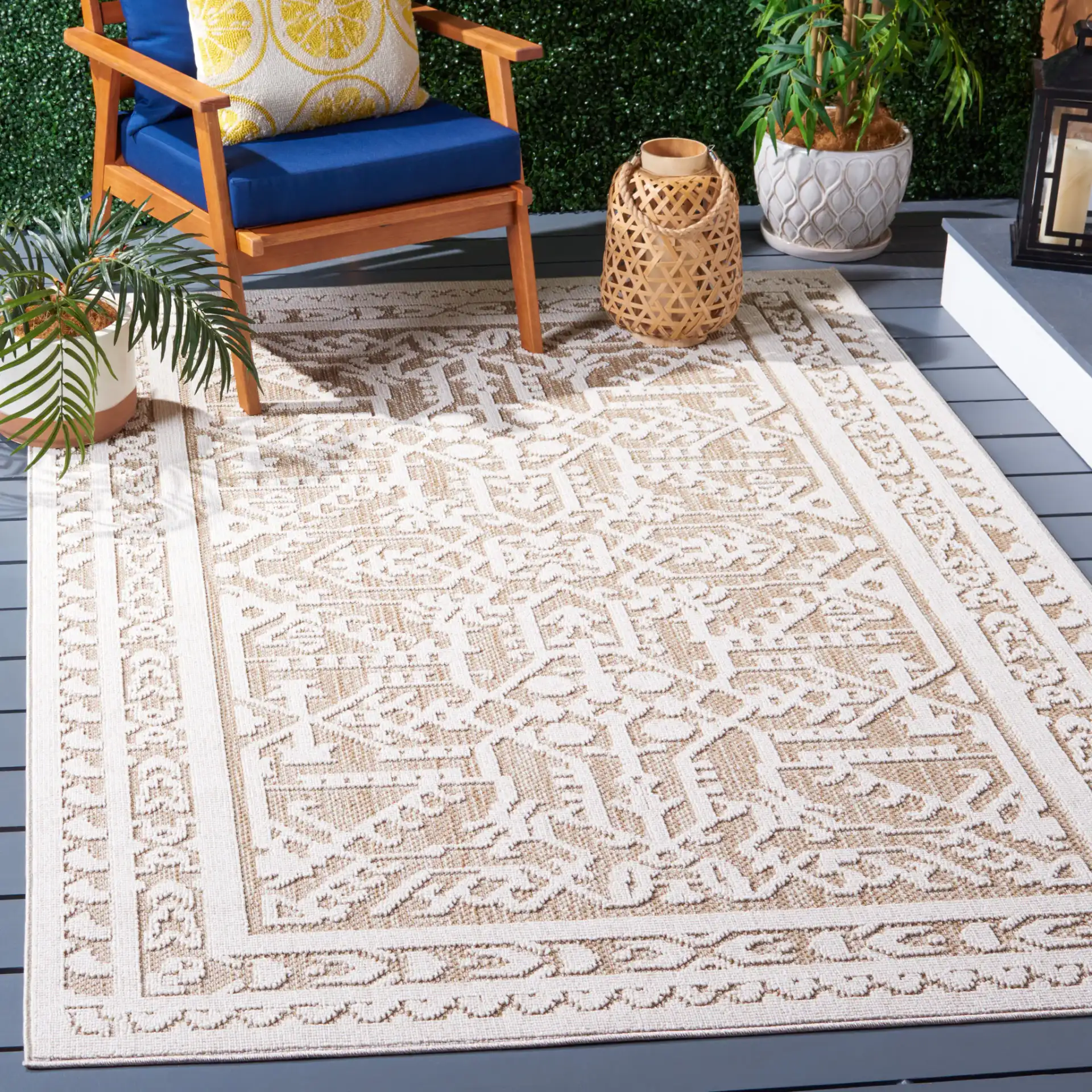 Global Bohemian Medallion Outdoor Rug in Beige / Light Beige in a styled room