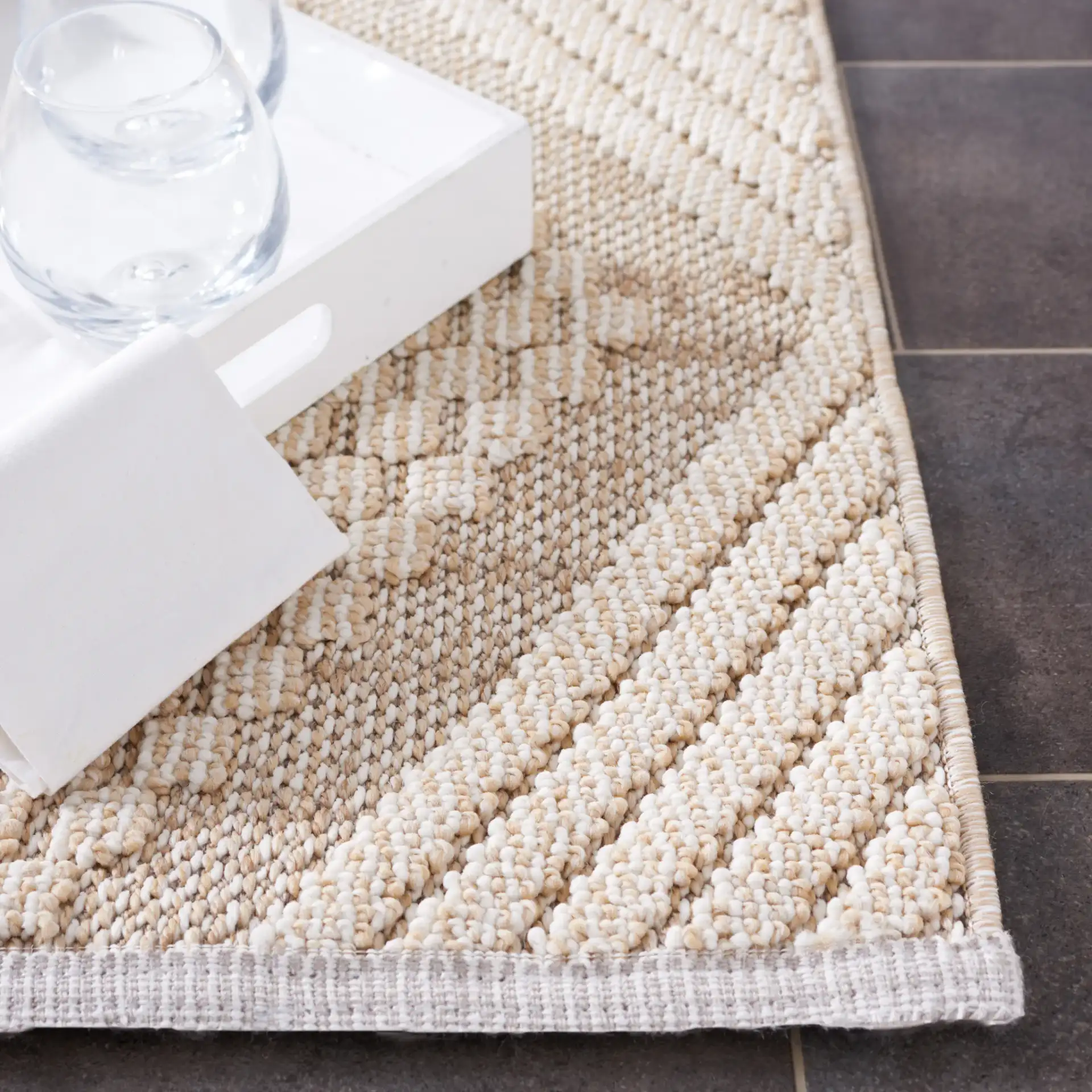Global Modern Diamond Rug in Beige / Ivory in a styled room