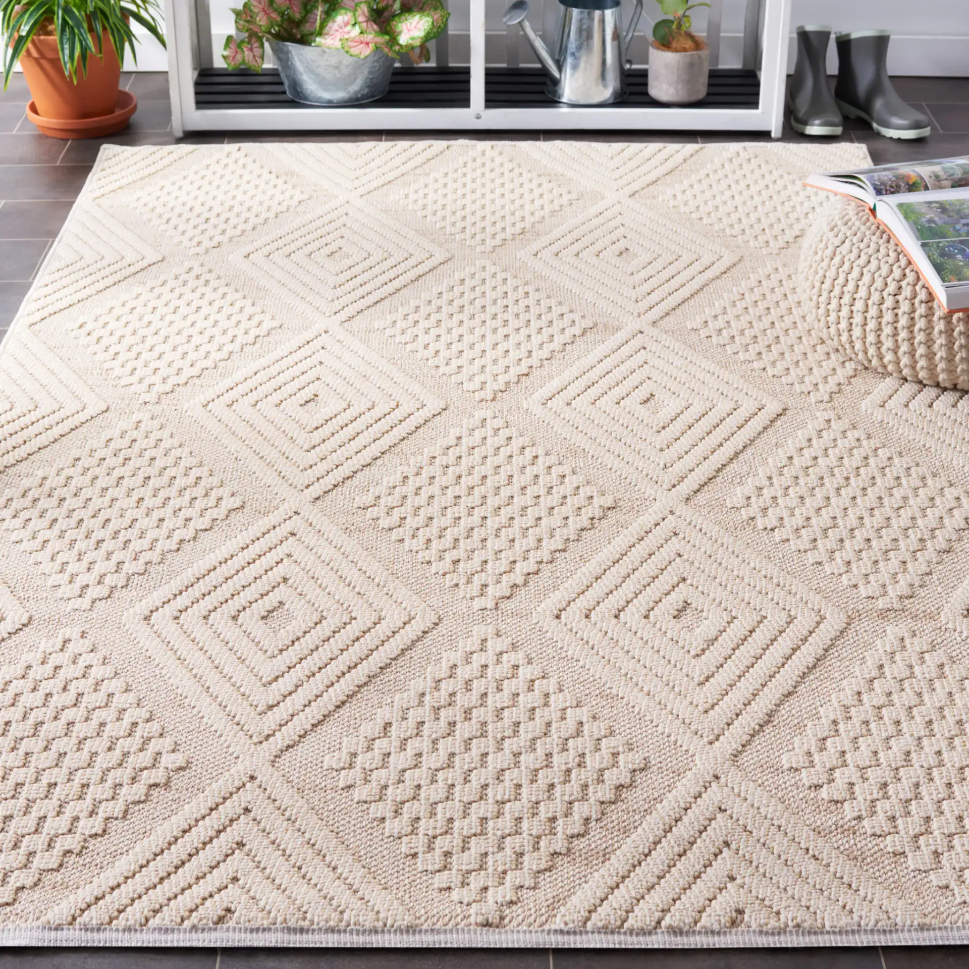 Global Modern Diamond Rug in Beige / Ivory in a styled room