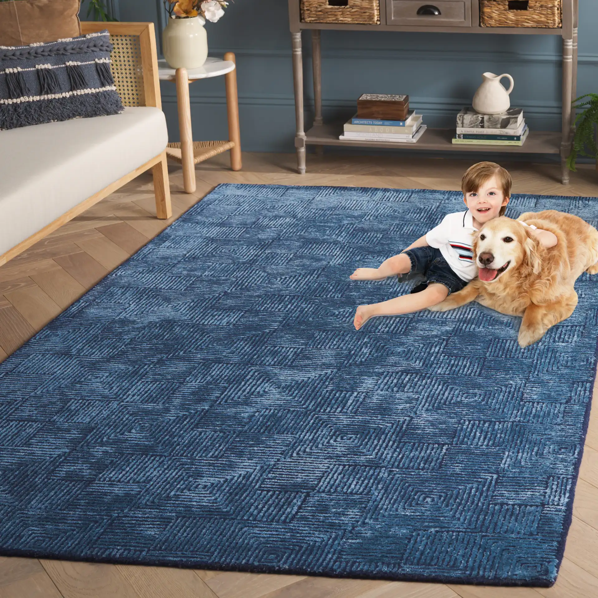 Glamour Concentric Squares Hand-Tufted Rug in Navy in a styled room