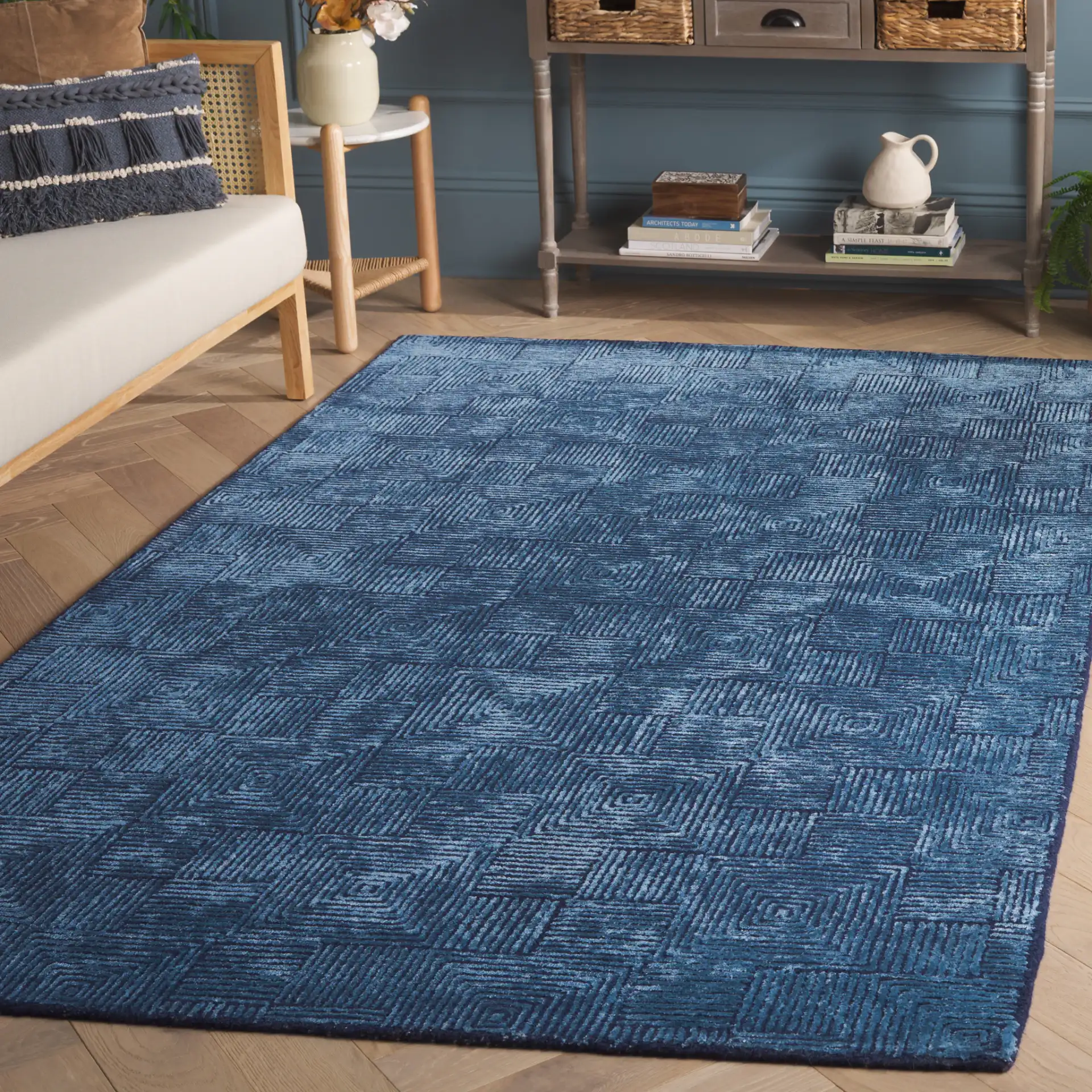 Glamour Concentric Squares Hand-Tufted Rug in Navy in a styled room