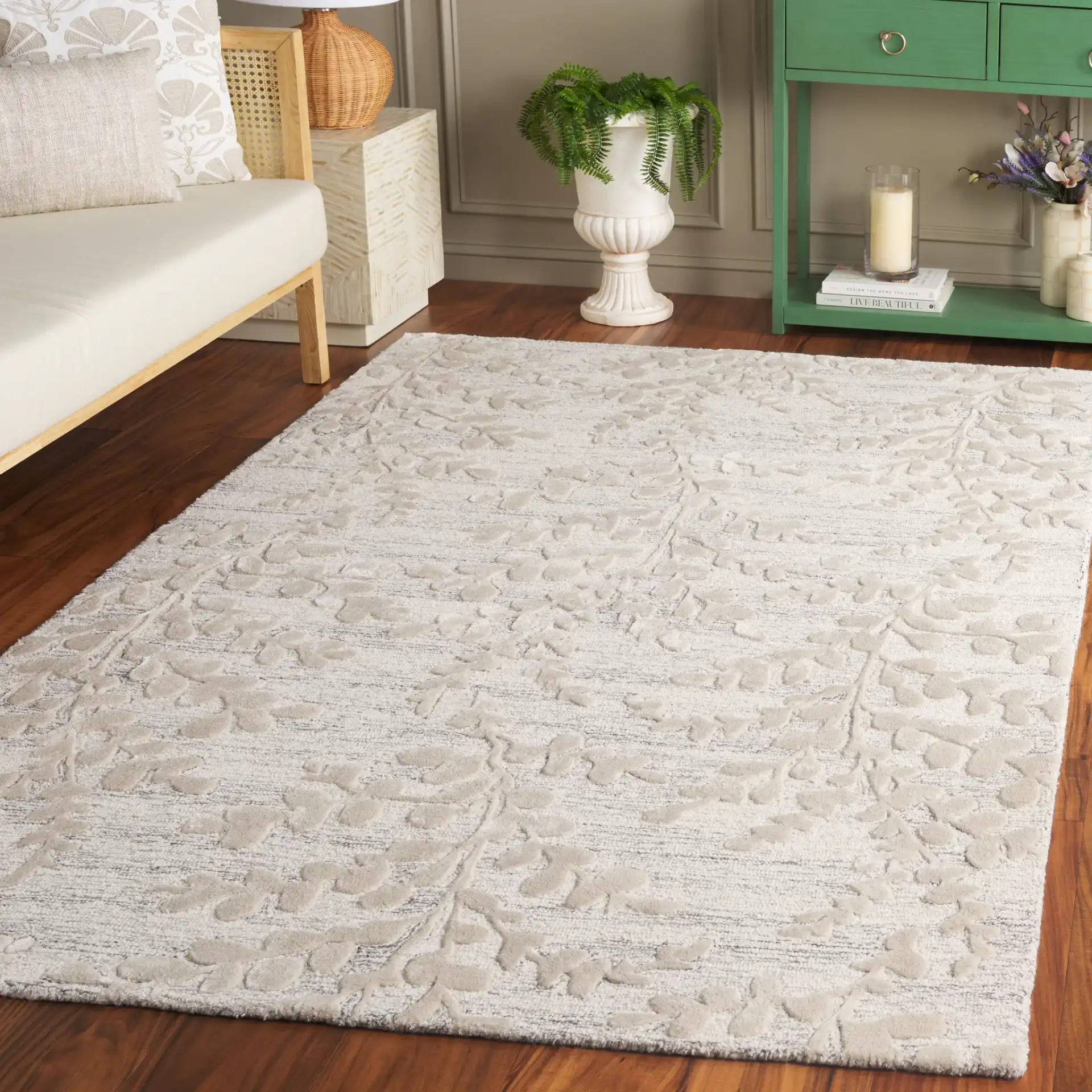 Glamour Eucalyptus Vine Hand-Tufted Rug in Natural / Gray in a styled room