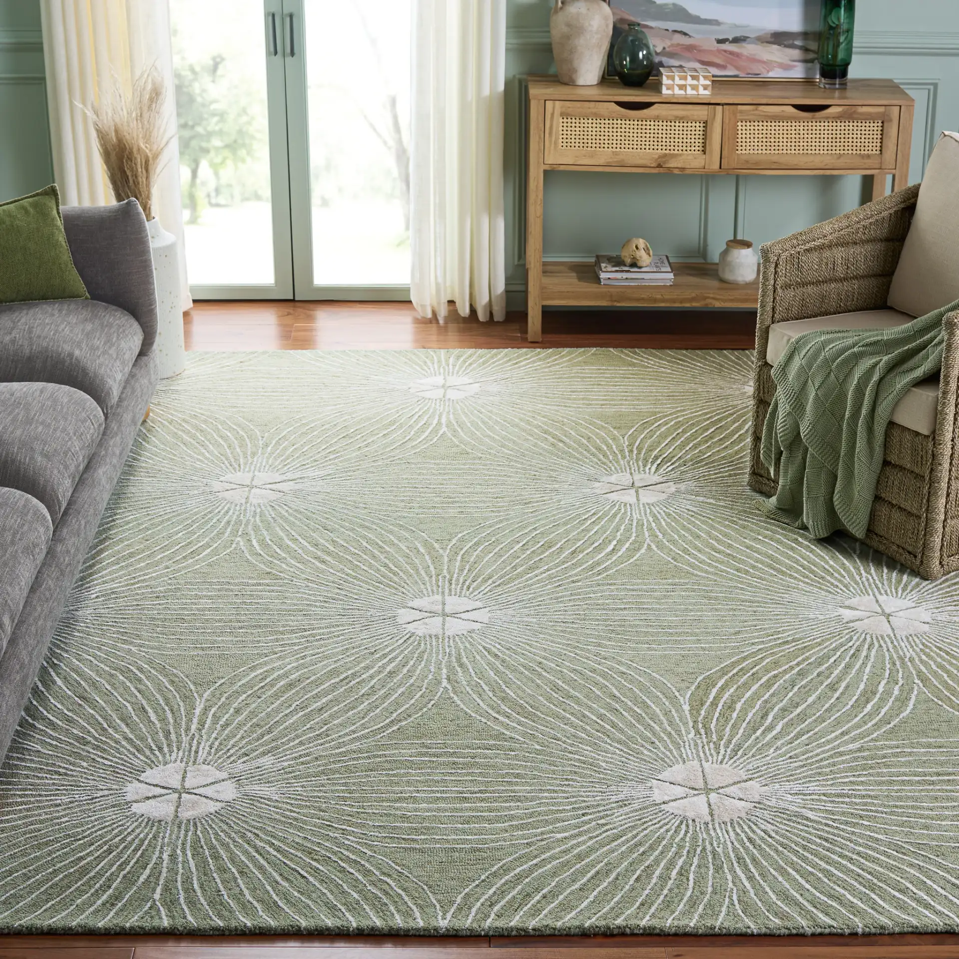 Glamour Floral Burst Hand-Tufted Rug in Sage / Ivory in a styled room