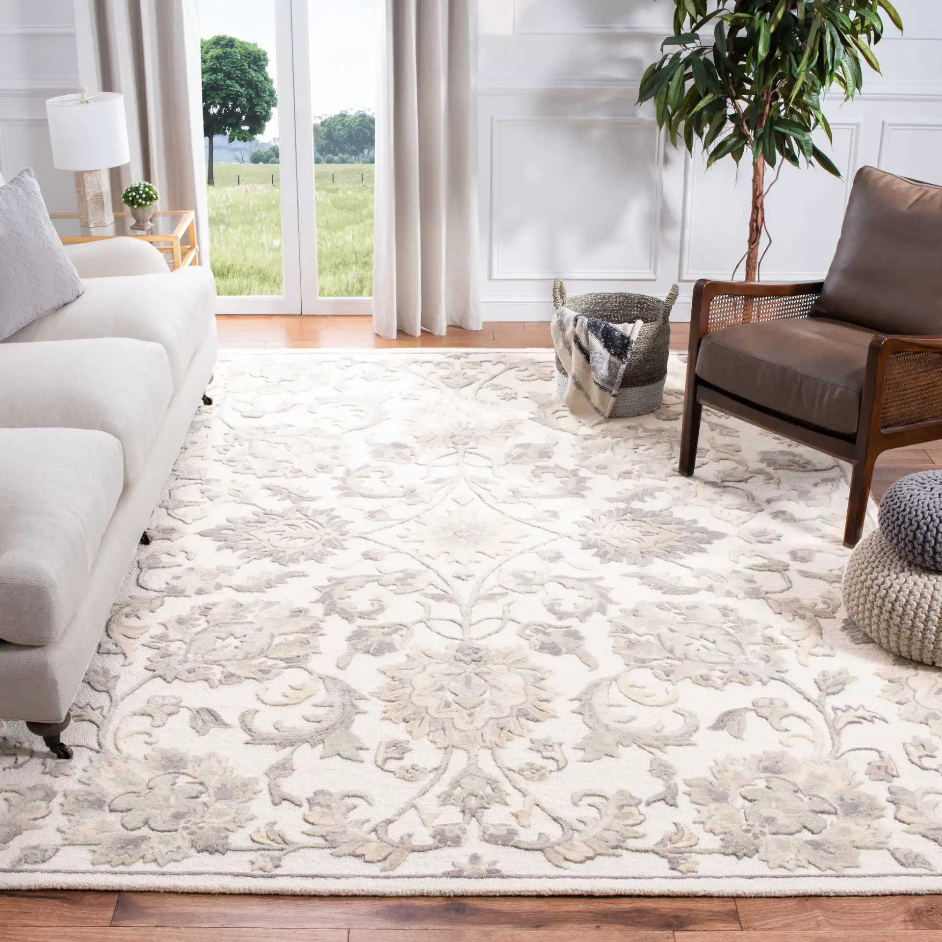 Glamour Tribal Banded Hand-Tufted Wool Rug in Ivory / Gray in a styled room