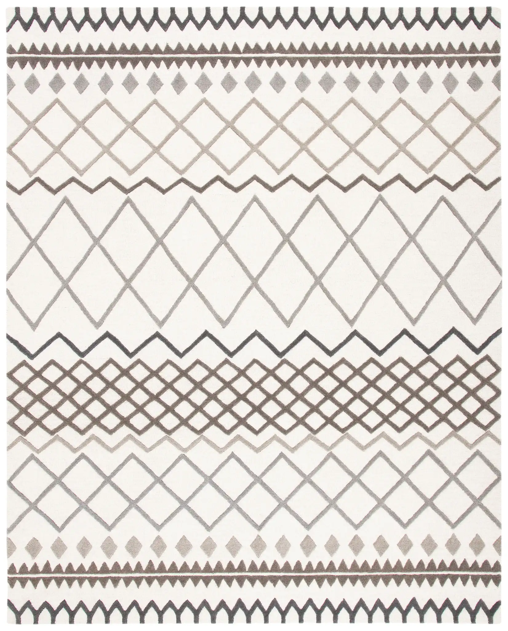 Glamour Tribal Banded Hand-Tufted Wool Rug in Ivory / Gray