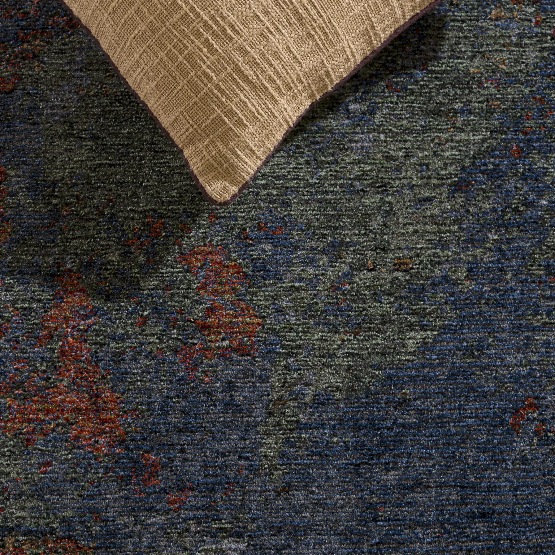 Gemstone Modern Abstract Rug in Rust Sage / Navy in a styled room